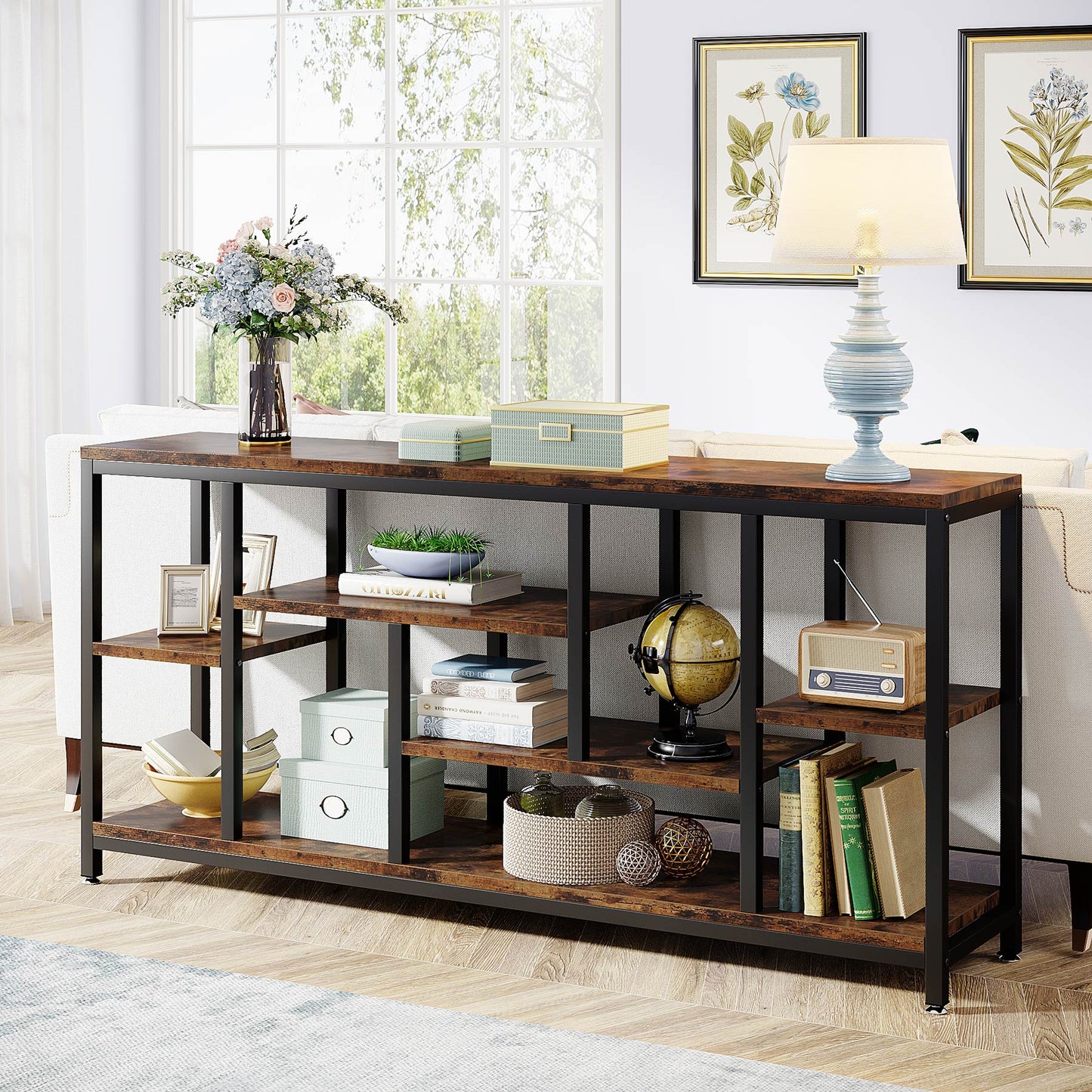 180 cm Console Table, Long Sofa Table with 3-Tier Storage Shelves