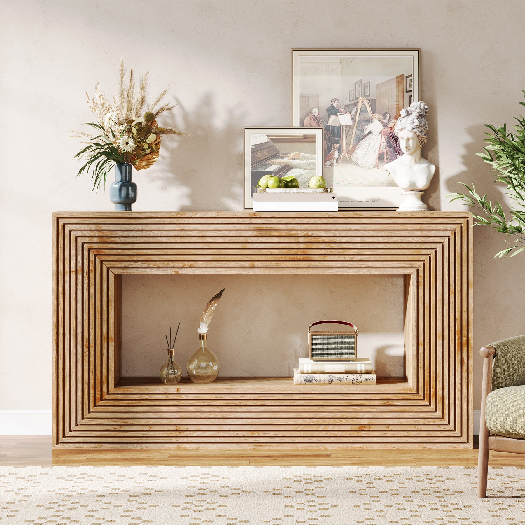 150cm Fluted Farmhouse Console Table with Storage Shelf, Rectangular Wood Sofa Table