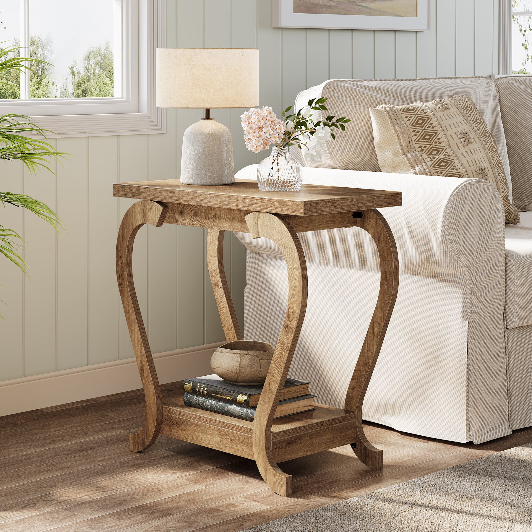 2-Tier Narrow Side Table with Storage Shelf, Rustic End Table for Living Room & Bedroom