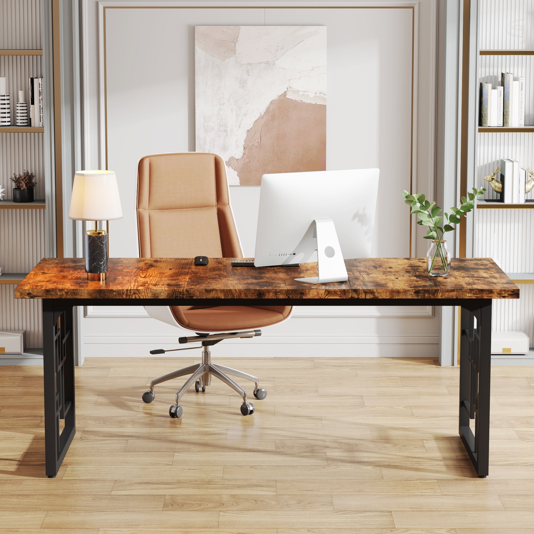 160cm Large Executive Desk with Wooden Top and Metal Legs, Industrial Computer Desk for Home Office