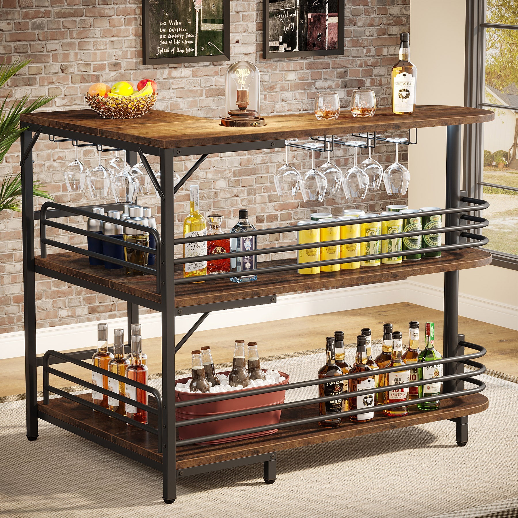 Bar Unit, 3 Tier L-Shaped Liquor Bar Table with Wine Glasses Holder Tribesigns