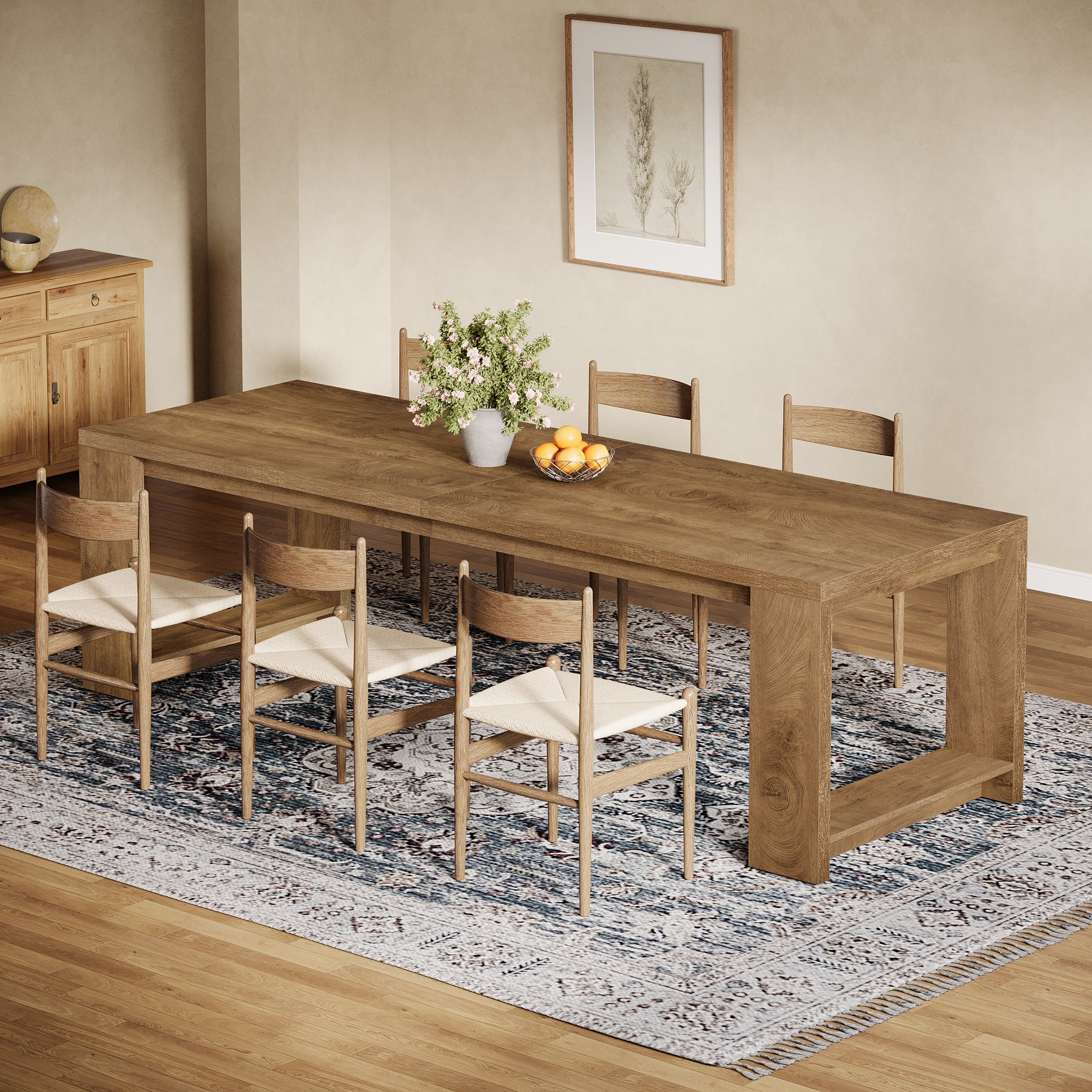 220cm Farmhouse Dining Table for 6–8 People, Rectangular Kitchen Table with Solid Wood Pedestal Base