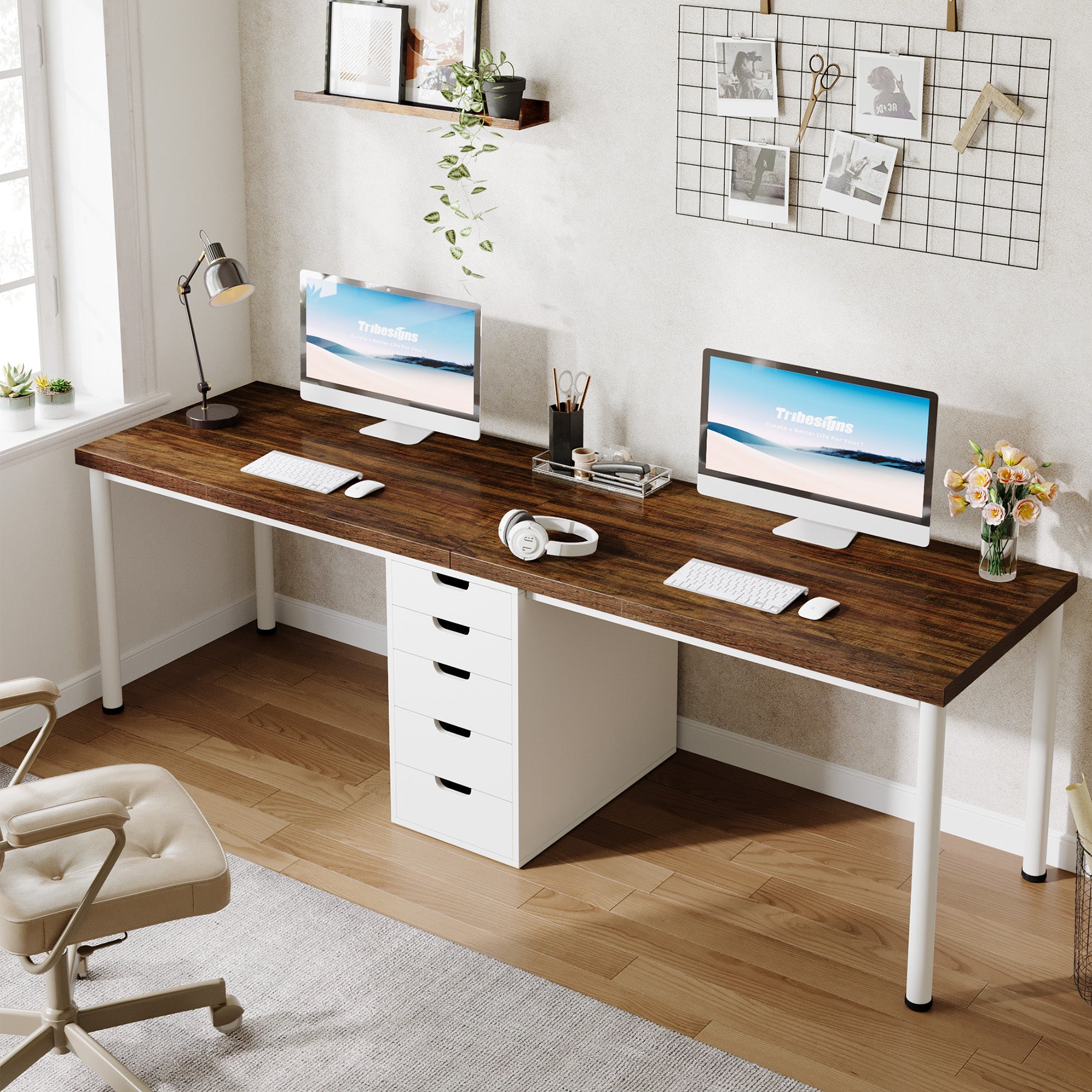 200 cm Two Person Computer Desk with 5 Drawers, Extra Long Home Office Desk with Storage