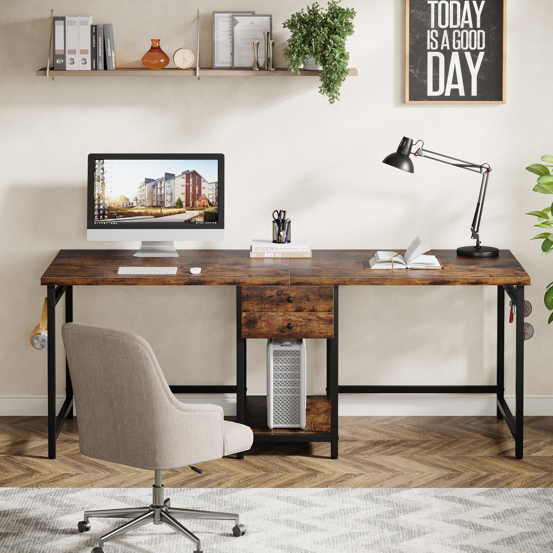 200cm Industrial Two Person Desk with Drawers & Storage Shelf, Double Computer Desk for Home Office