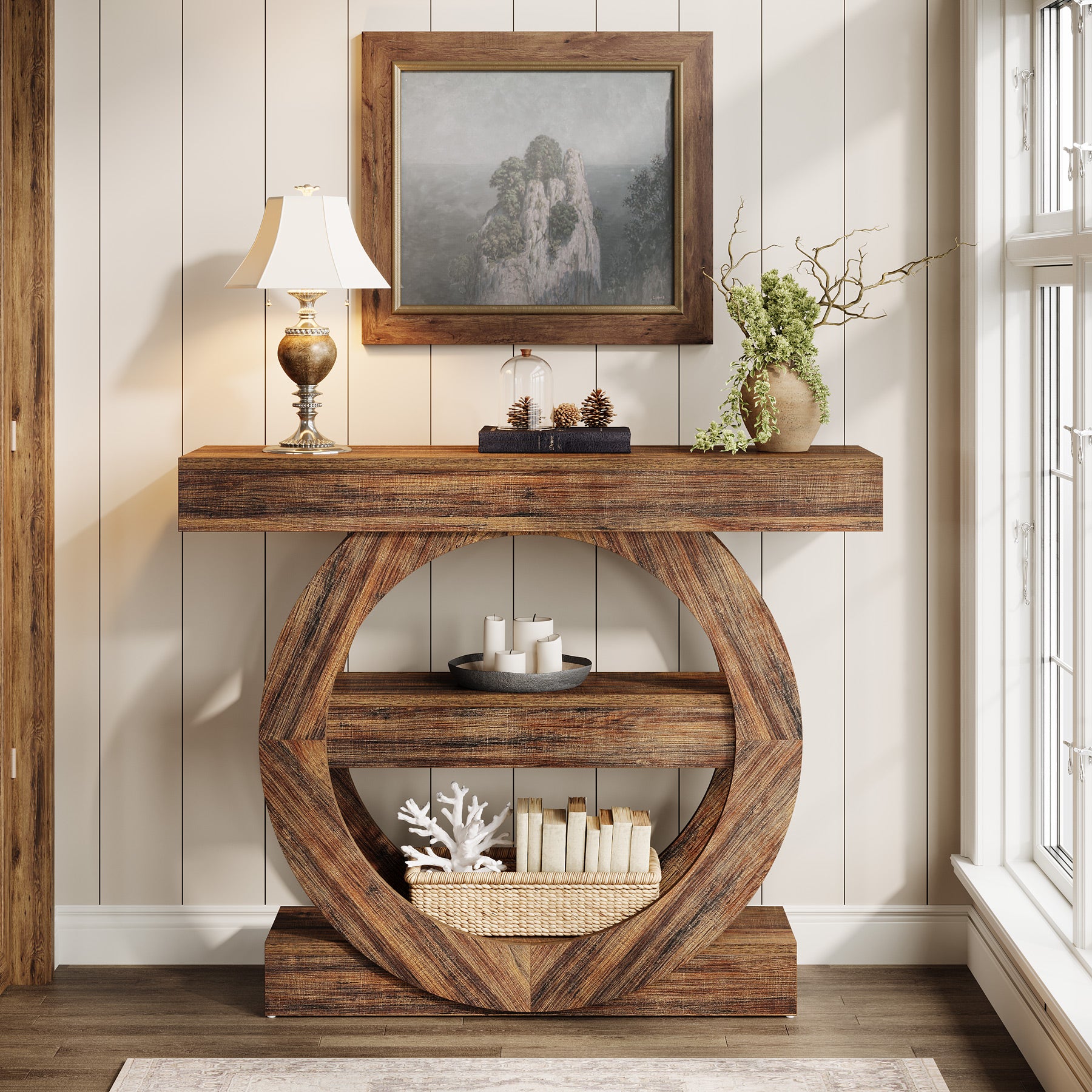 105 cm  Console Table, 3-Tier Sofa Table Accent Console with Circle Base