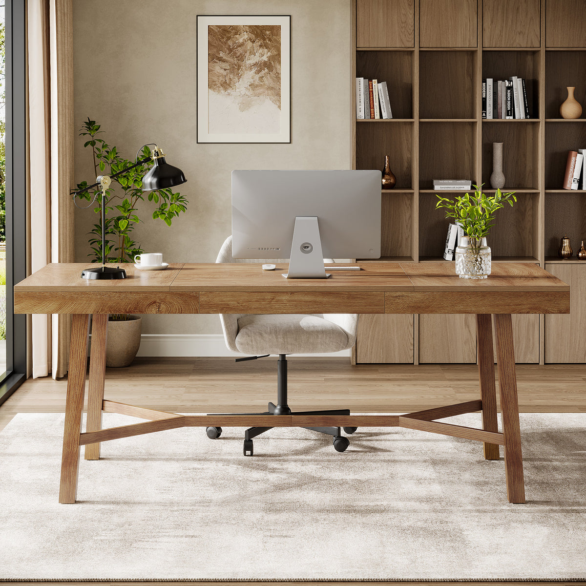 180 cm Large Office Desk, Farmhouse Workstation with Metal Legs
