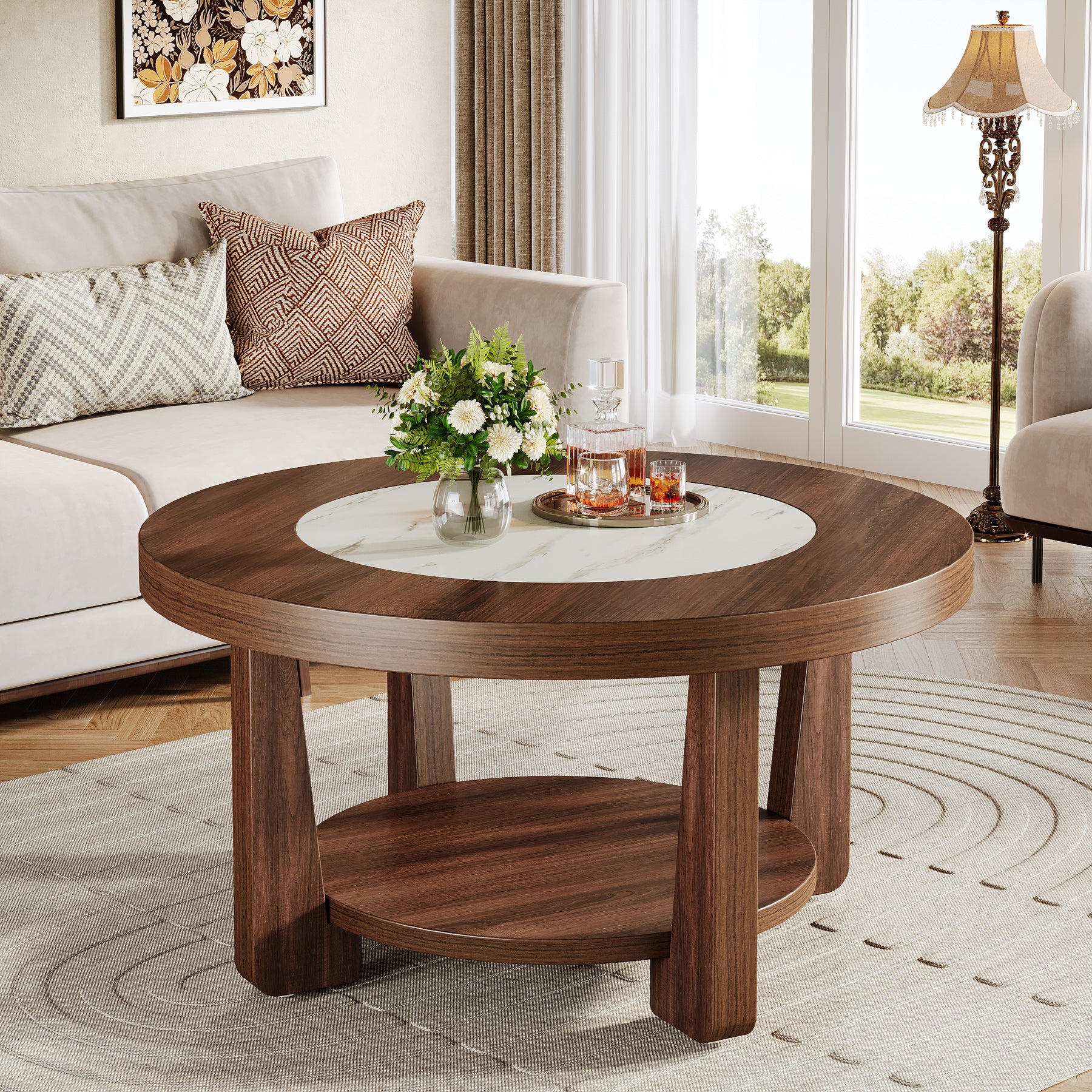 2-Tier Coffee Table, Round Accent Center Table with Heavy-Duty Tabletop