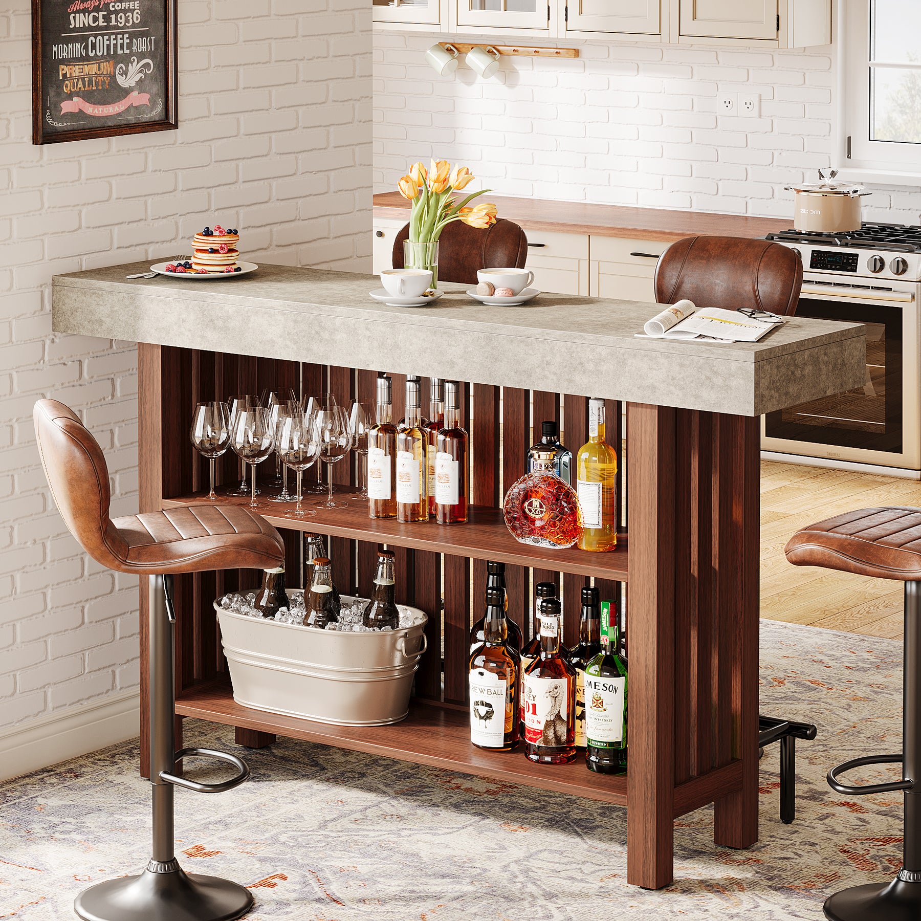 160cm Counter Height Bar Table with Footrest, 2-Tier Storage Pub Table for Kitchen and Living Room