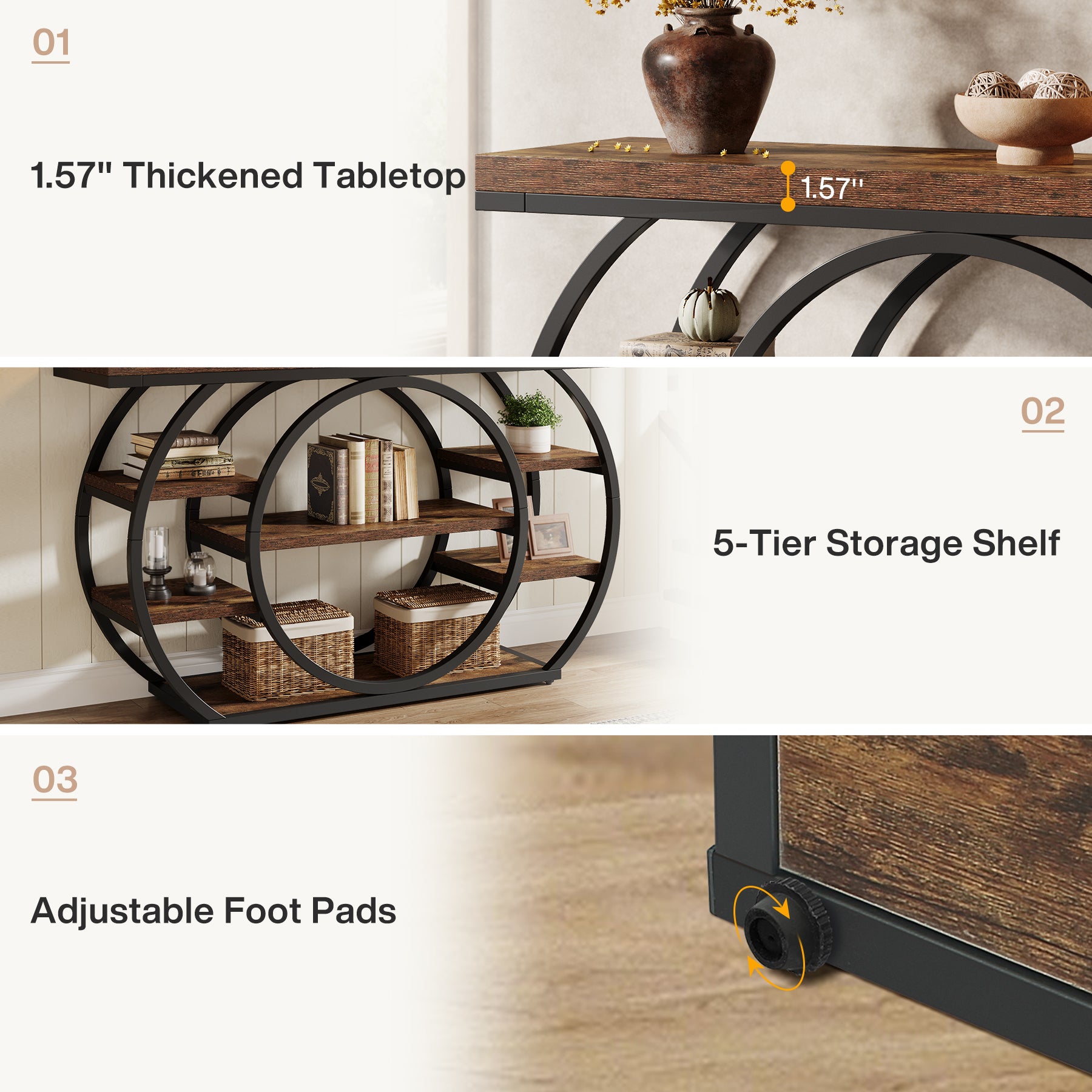 120cm Console Table, 5-Tier Industrial Entryway Table with Metal Frame, Narrow Sofa Table Behind Couch