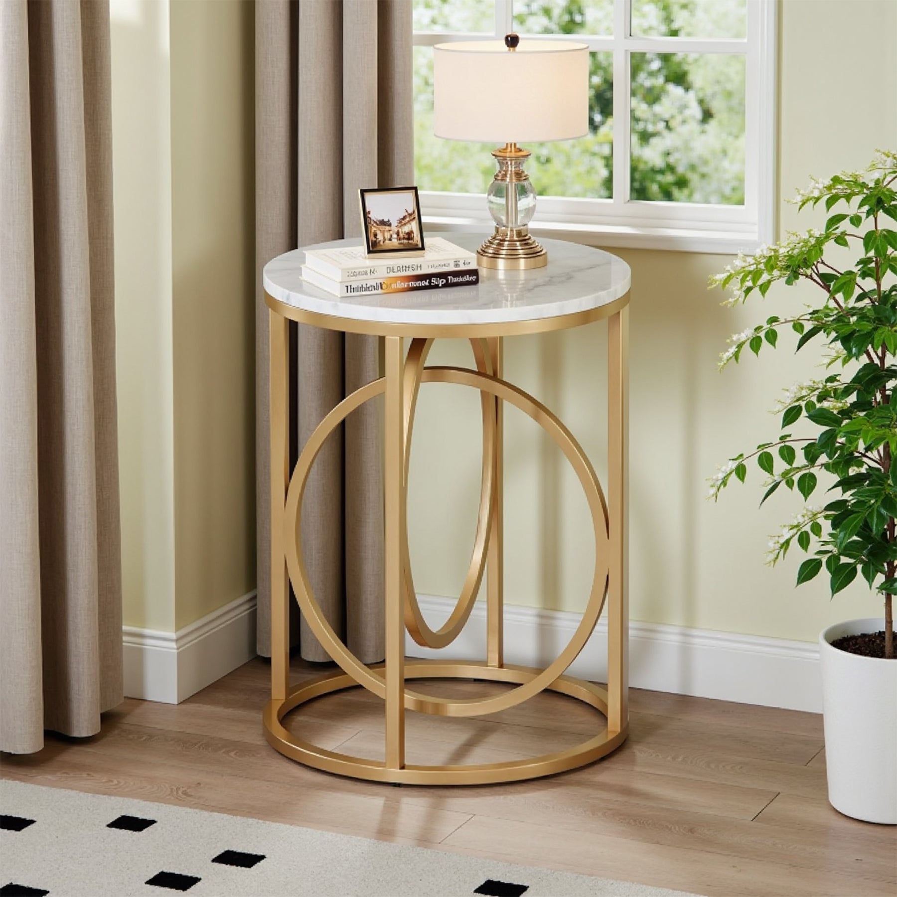 Round Side Table, Modern Sofa Side Table with Faux Marble Top
