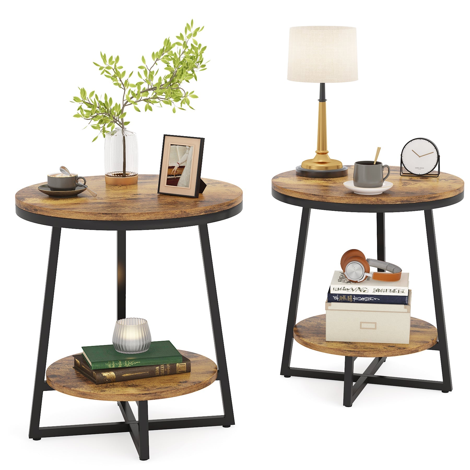 Tribesigns End Table, 2 Tier Round Nightstand Bedside Table
