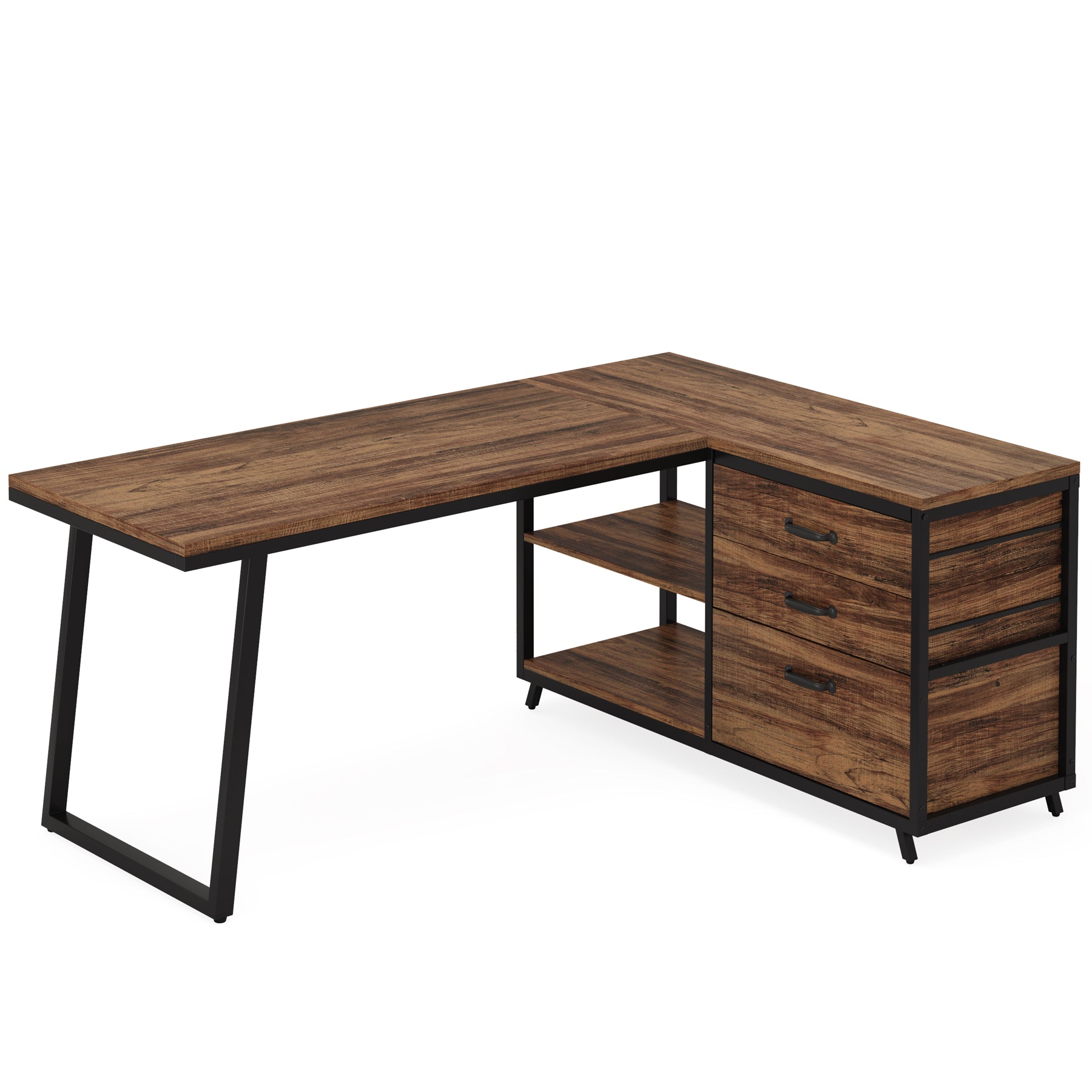 53" Reversible L-Shaped Computer Desk With 3 Drawers & Shelves
