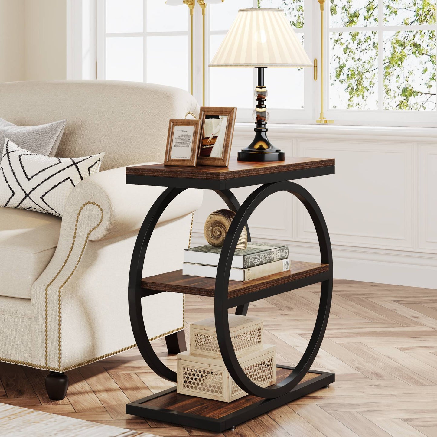 3-Tier End Table, Industrial Sofa Side Table with Round Metal Frame