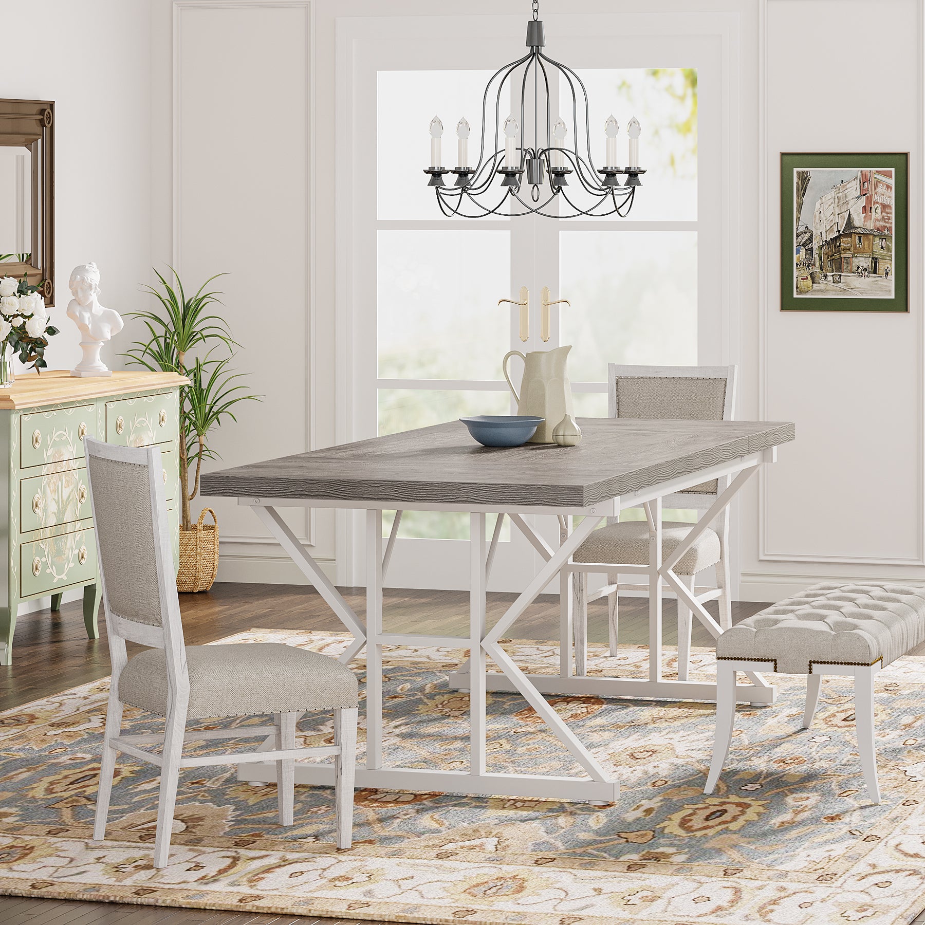 Wood Dining Table, Farmhouse 180cm Kitchen Table for 6 People