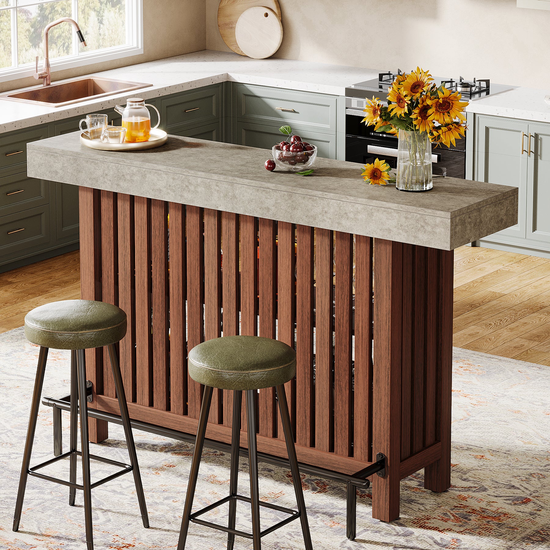 160cm Counter Height Bar Table with Footrest, 2-Tier Storage Pub Table for Kitchen and Living Room