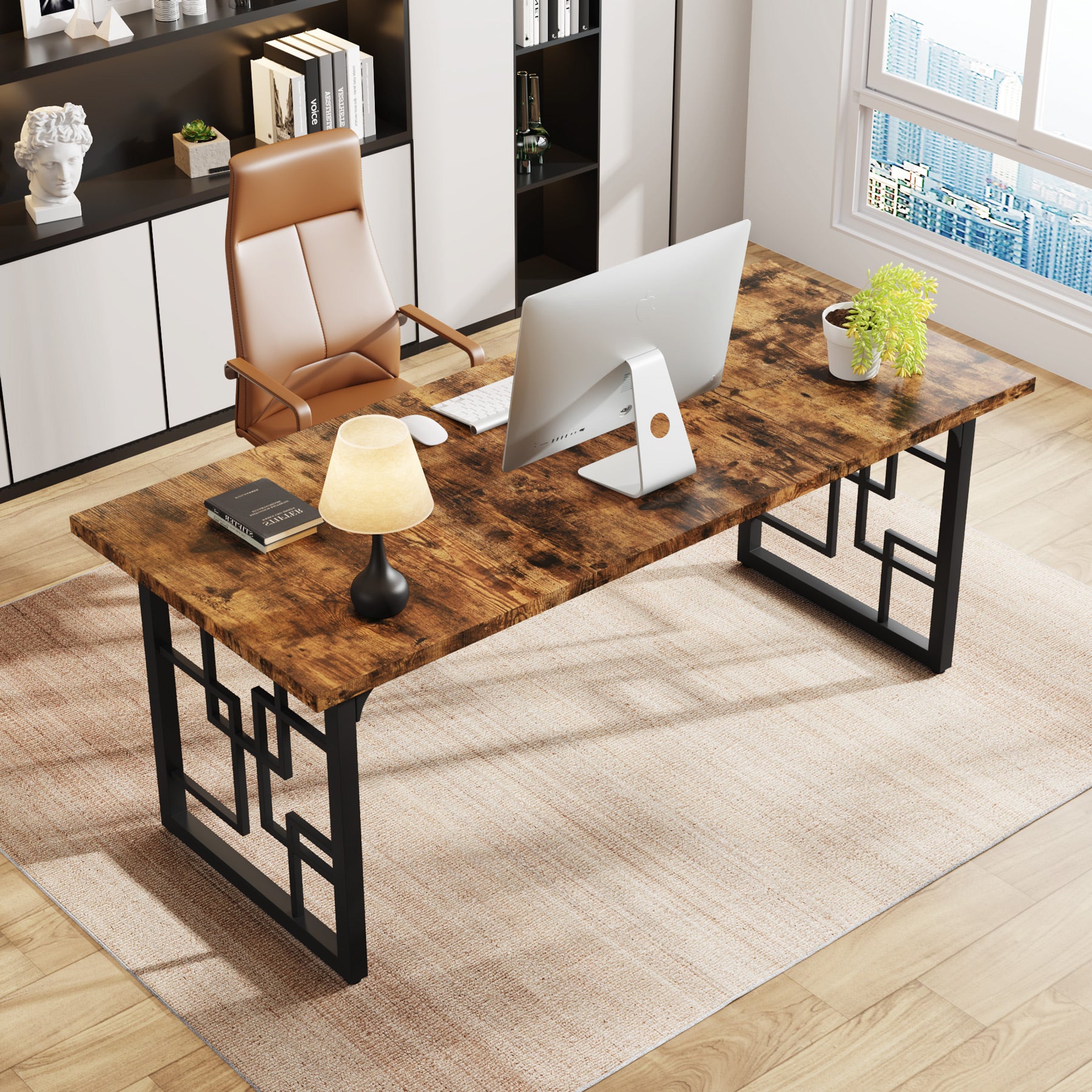 160cm Large Executive Desk with Wooden Top and Metal Legs, Industrial Computer Desk for Home Office
