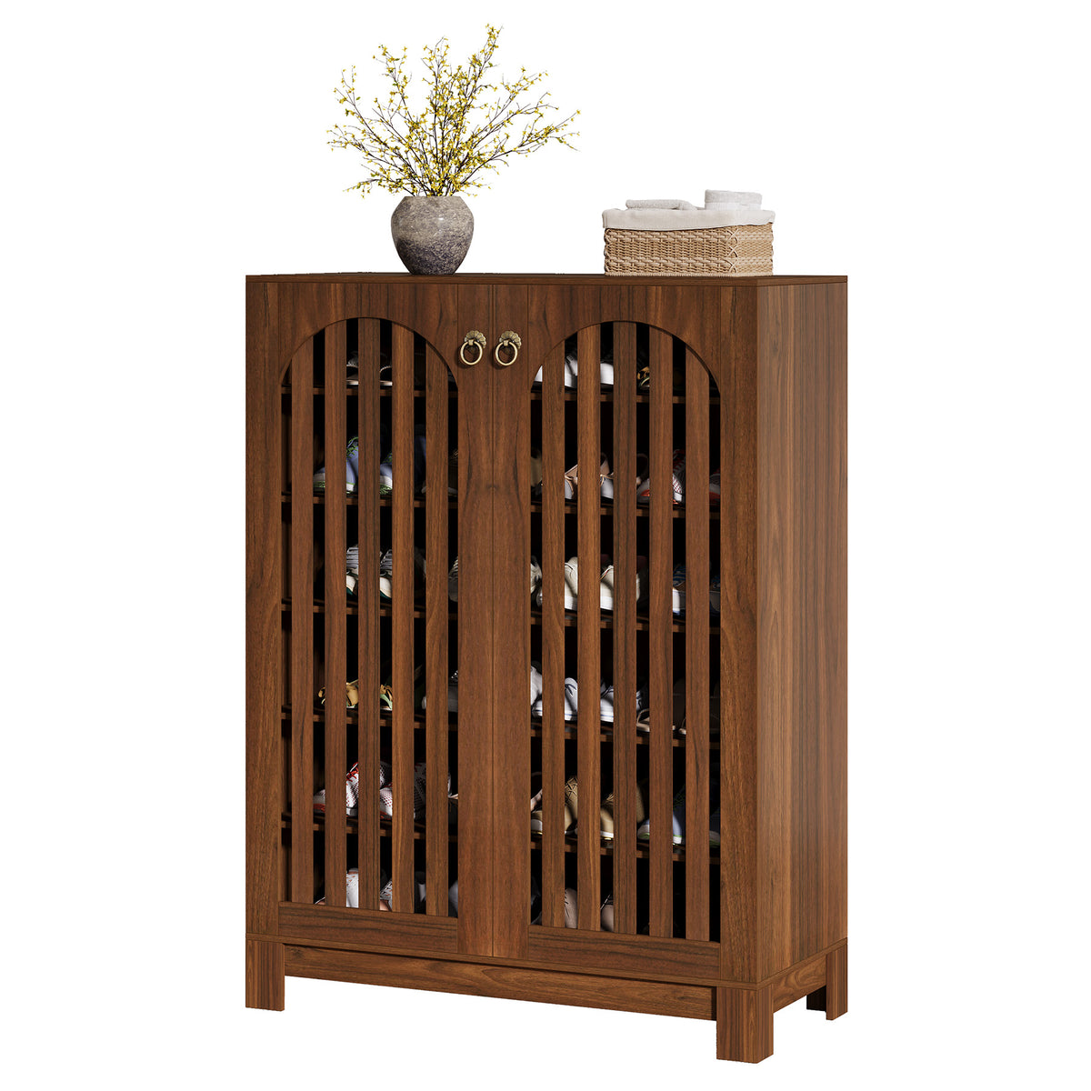 Oak Shoe Cabinet with 6-Tier Storage, Arched Louver Doors