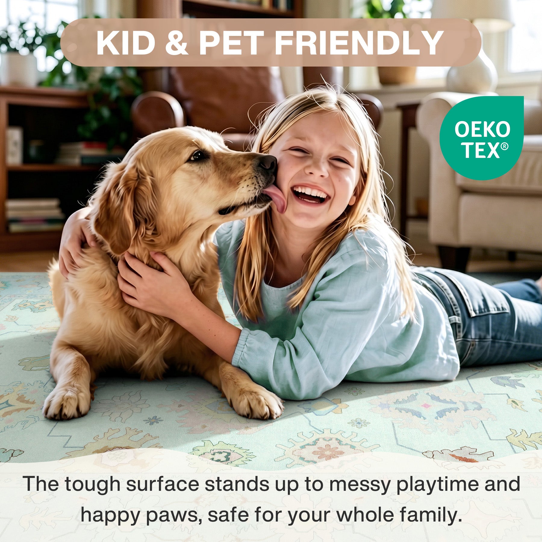 Oeko-Tex Certified Bohemian Floral Rug, Easy-Clean Low-Pile Oushak Carpet with Non-Skid Backing