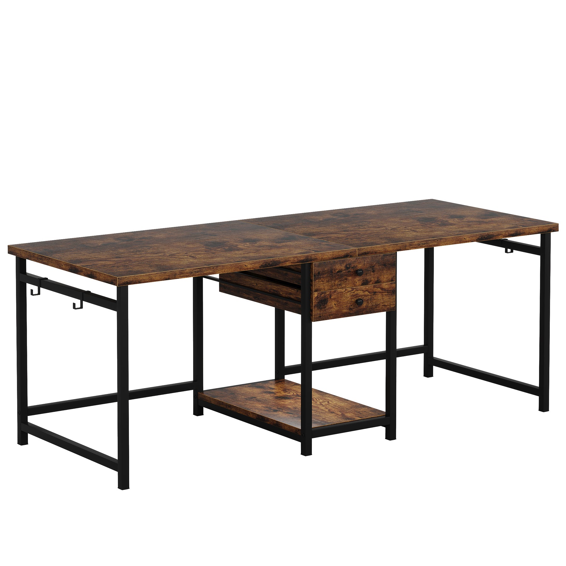 200cm Industrial Two Person Desk with Drawers & Storage Shelf, Double Computer Desk for Home Office