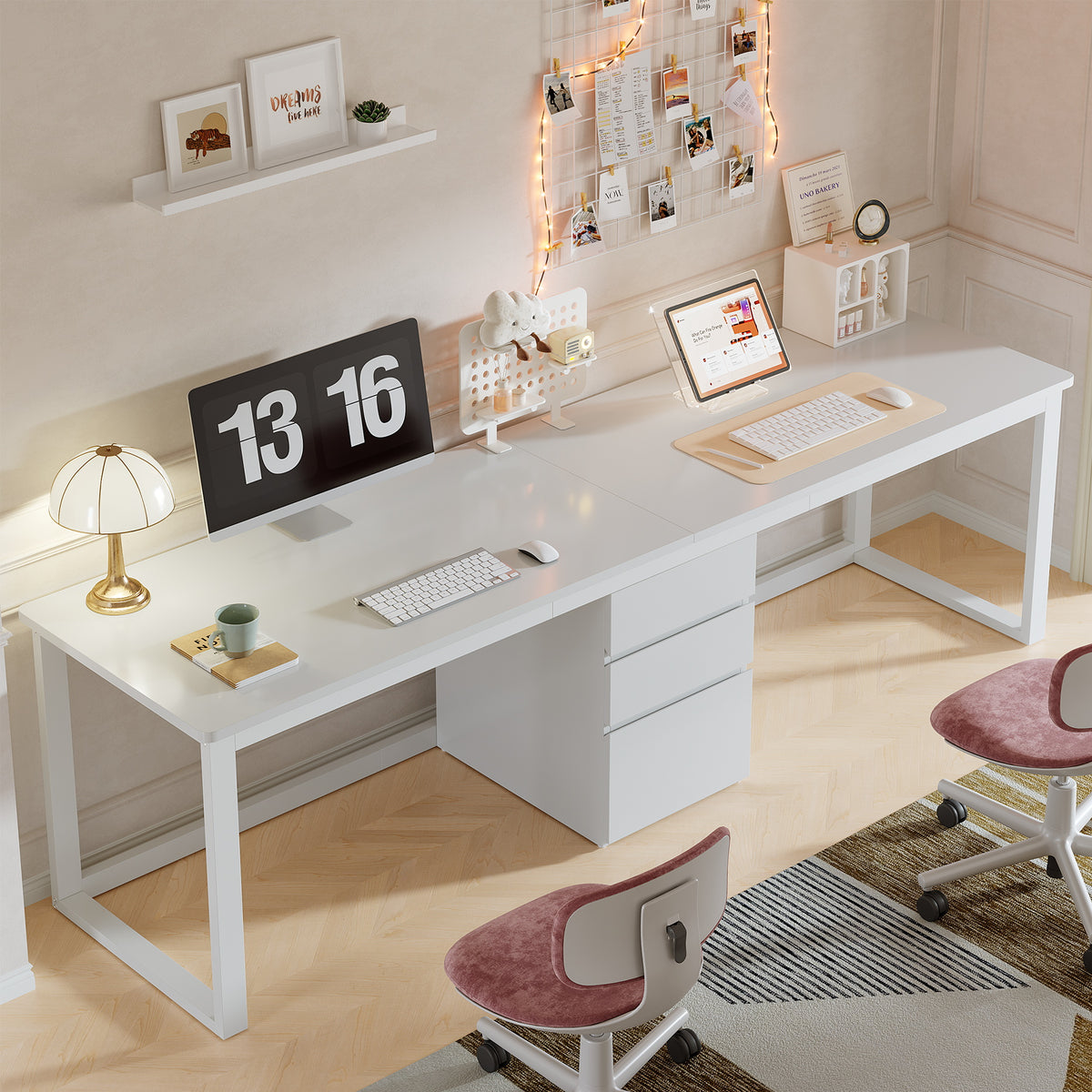 200 cm Double Desk for Two with 3 Drawers, White Home Office Desk