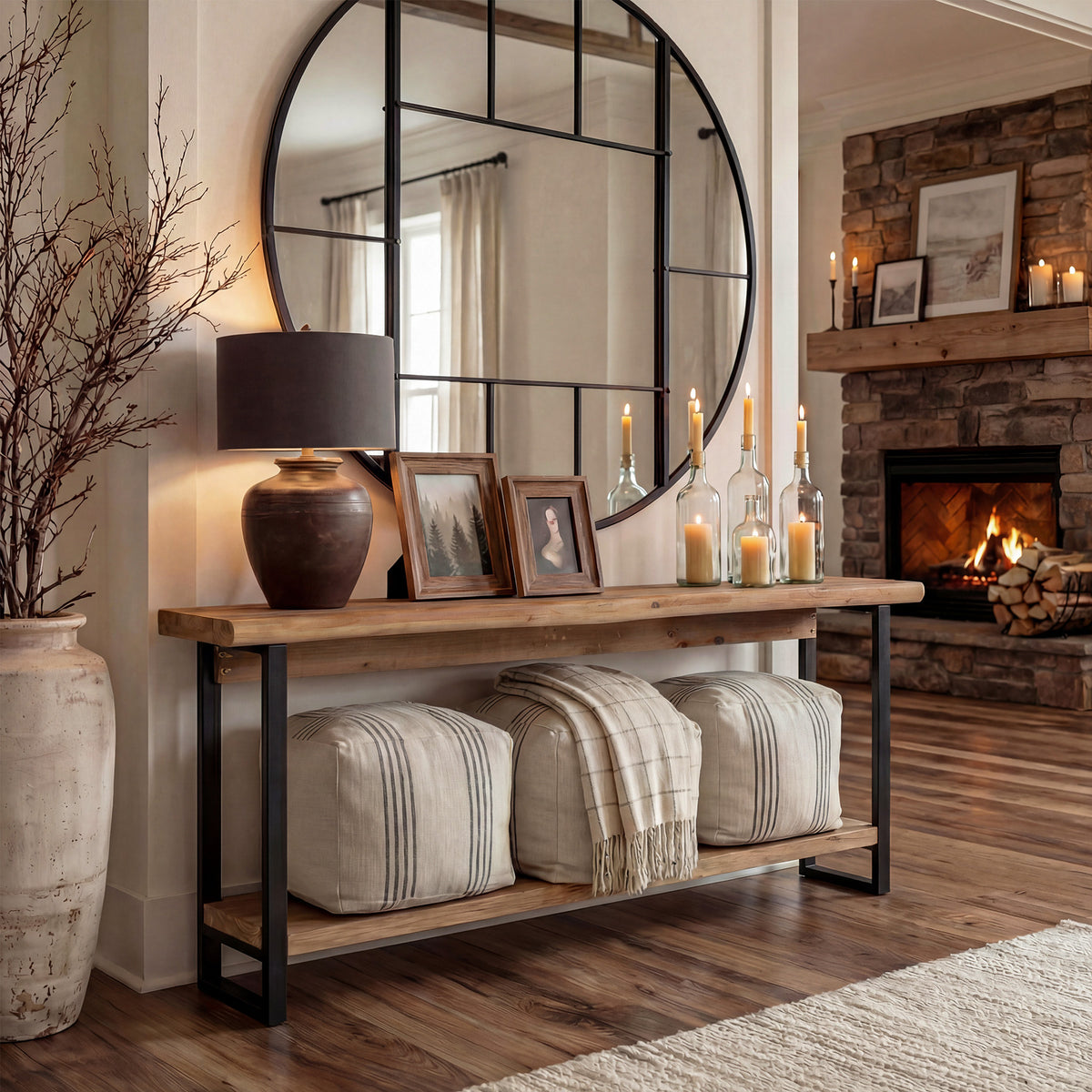 160 cm Solid Wood Console Table, Live Edge 2 Tier Entryway Table