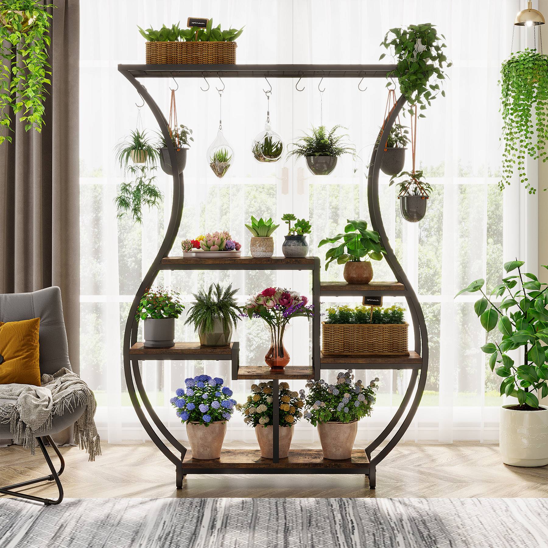 Plant Stand, Vase Shape 6-Tier Plant Display Rack with 10 Hanging Hooks Tribesigns