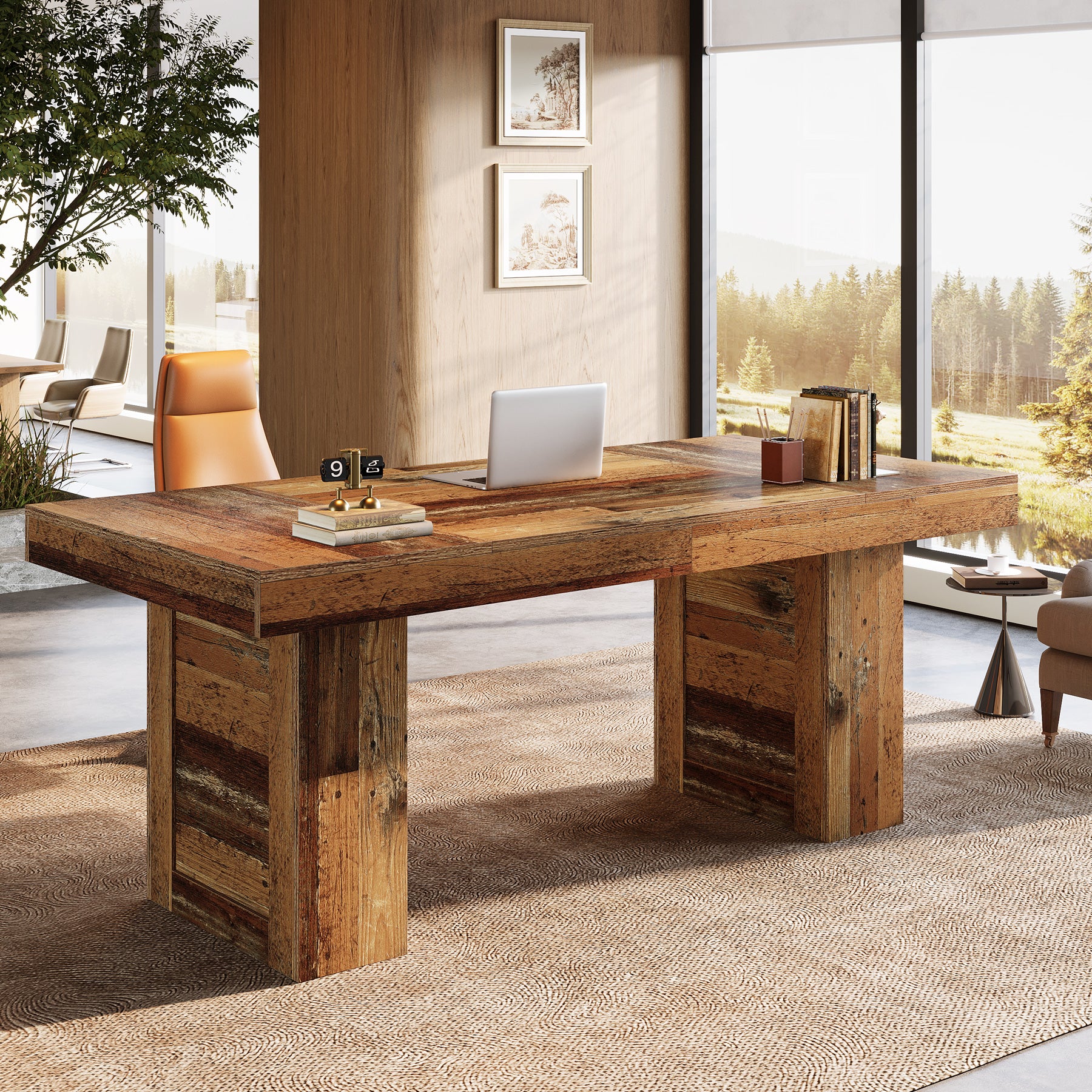 160 cm Farmhouse Executive Desk, Large Wooden Office Desk with Heavy-Duty Legs for Home Office