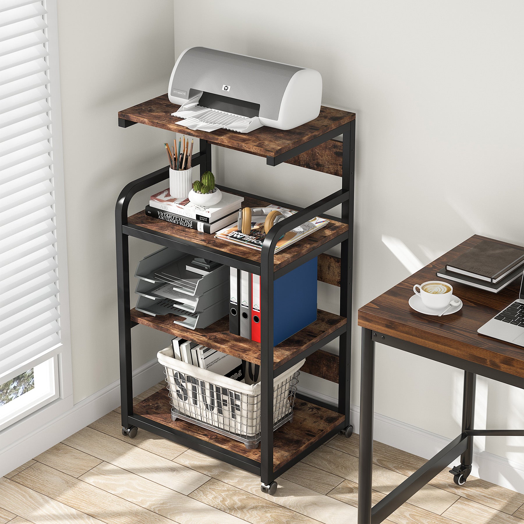 4-Tier Large Printer Stand with Storage Shelves, Mobile Storage Cart with Wheels