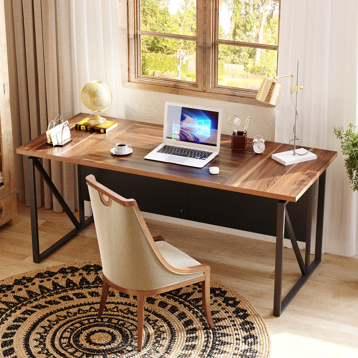 160 cm Computer Desk with Storage Shelf, Rustic Brown Office Desk