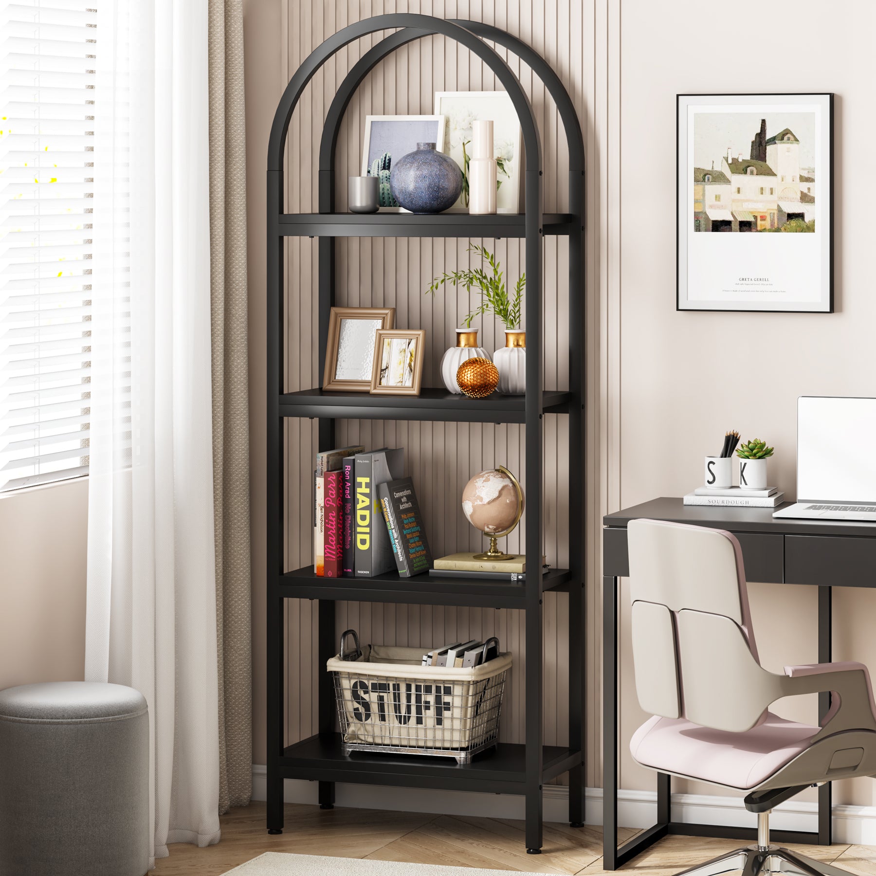 4-Tier Bookshelf, Arched Bookcase Display Rack with Storage Shelves