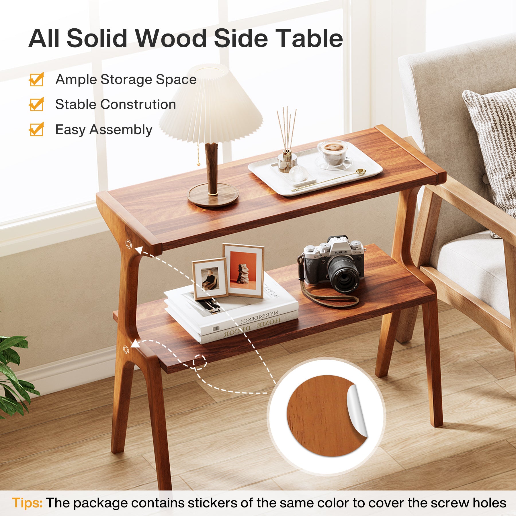 2-Tier Wood End Table, Farmhouse Couch Side Table with Storage Shelves