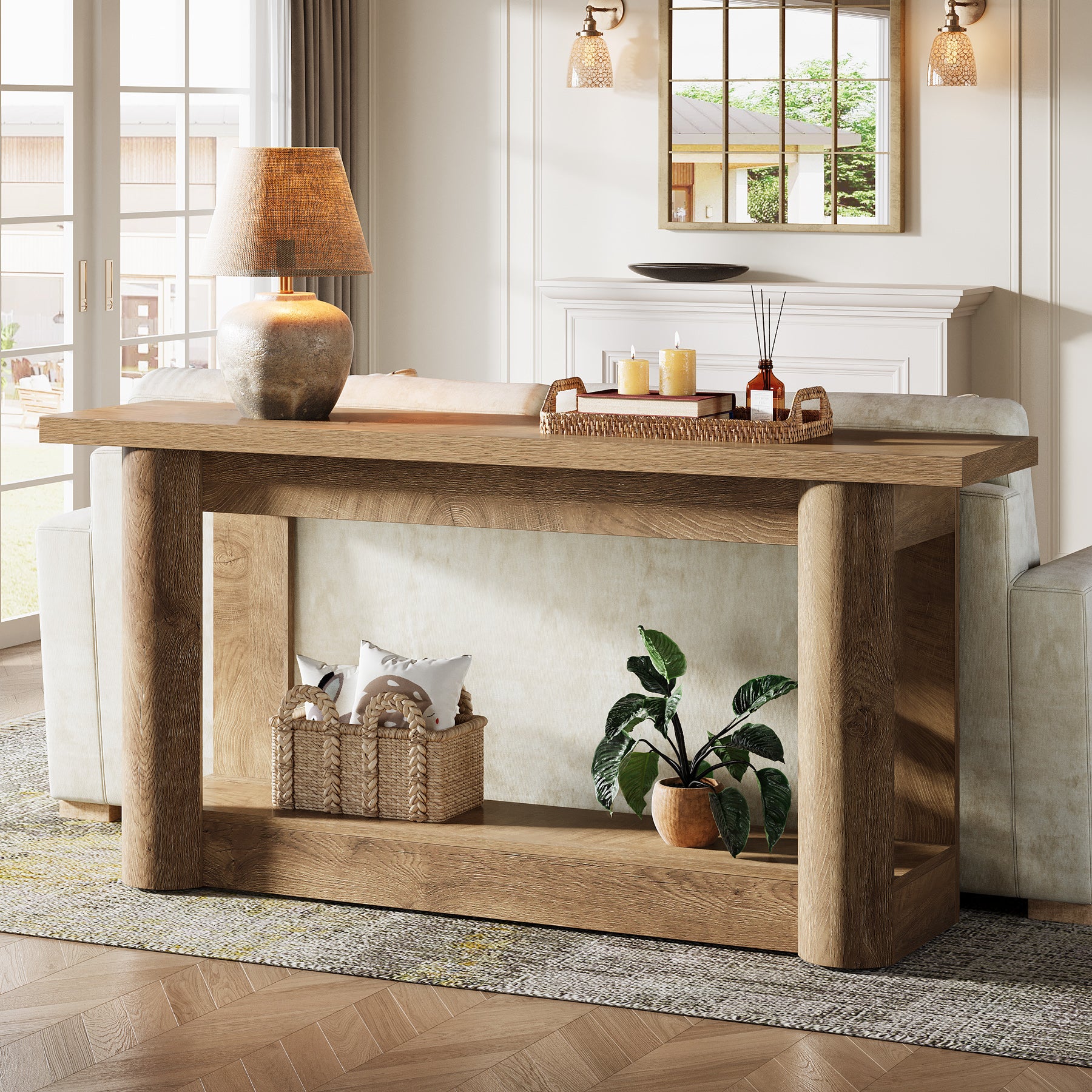 160cm Farmhouse Console Table, Narrow 2-Tier Sofa Table for Entryway & Living Room