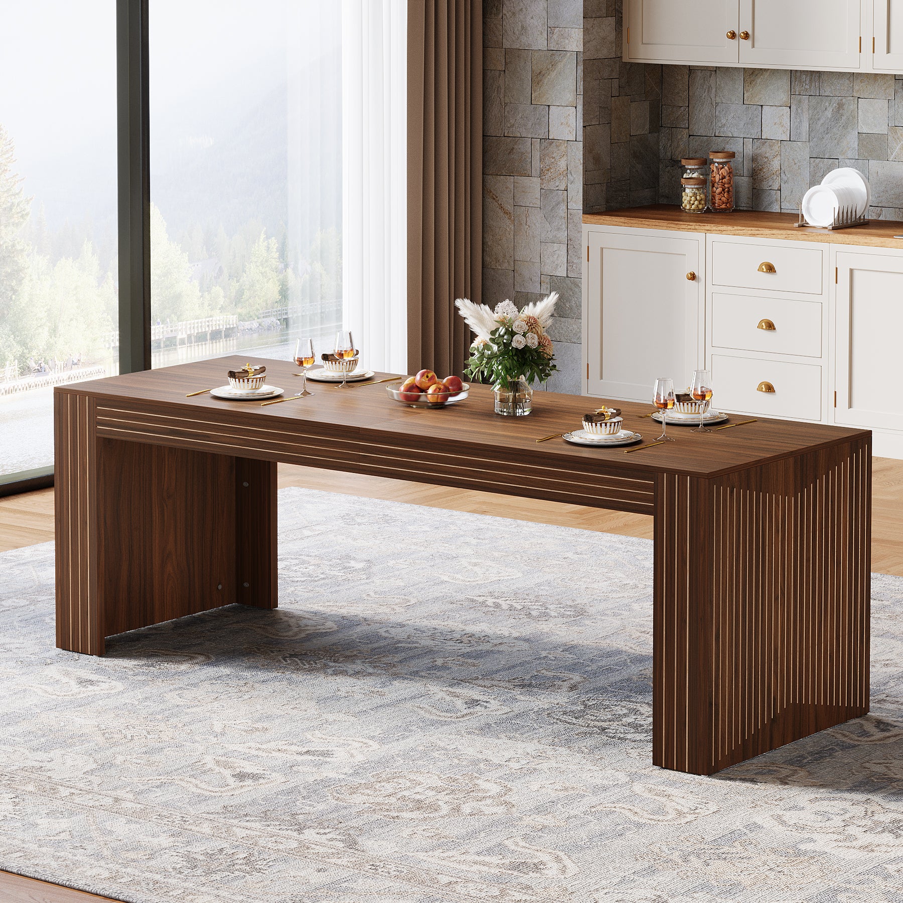 200cm Large Walnut Dining Table for 6-8, Rectangular Modern Farmhouse Table with Heavy-Duty Pedestal