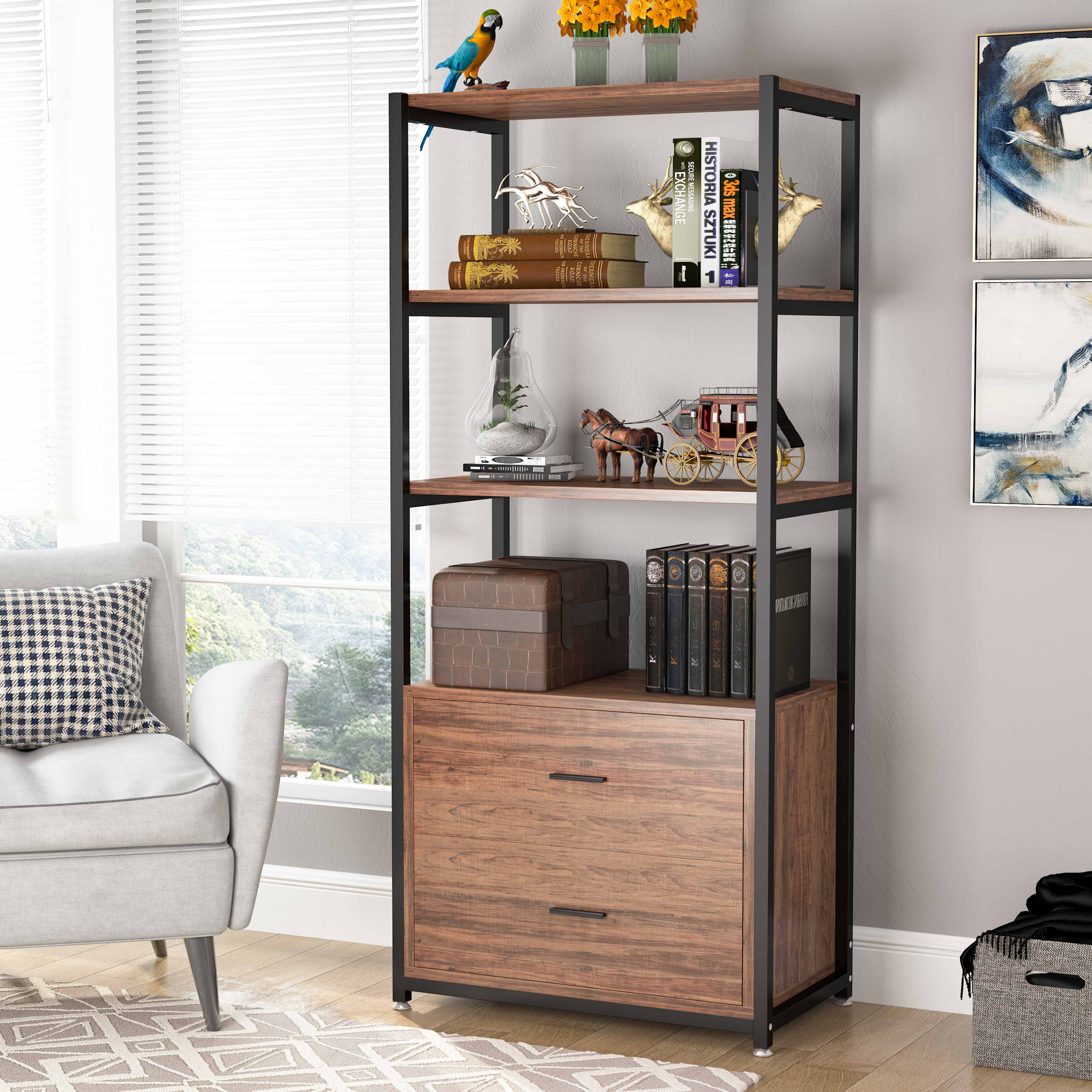 Rustic Etagere Bookshelf with Drawers, Industrial Display Bookcase for Home Office
