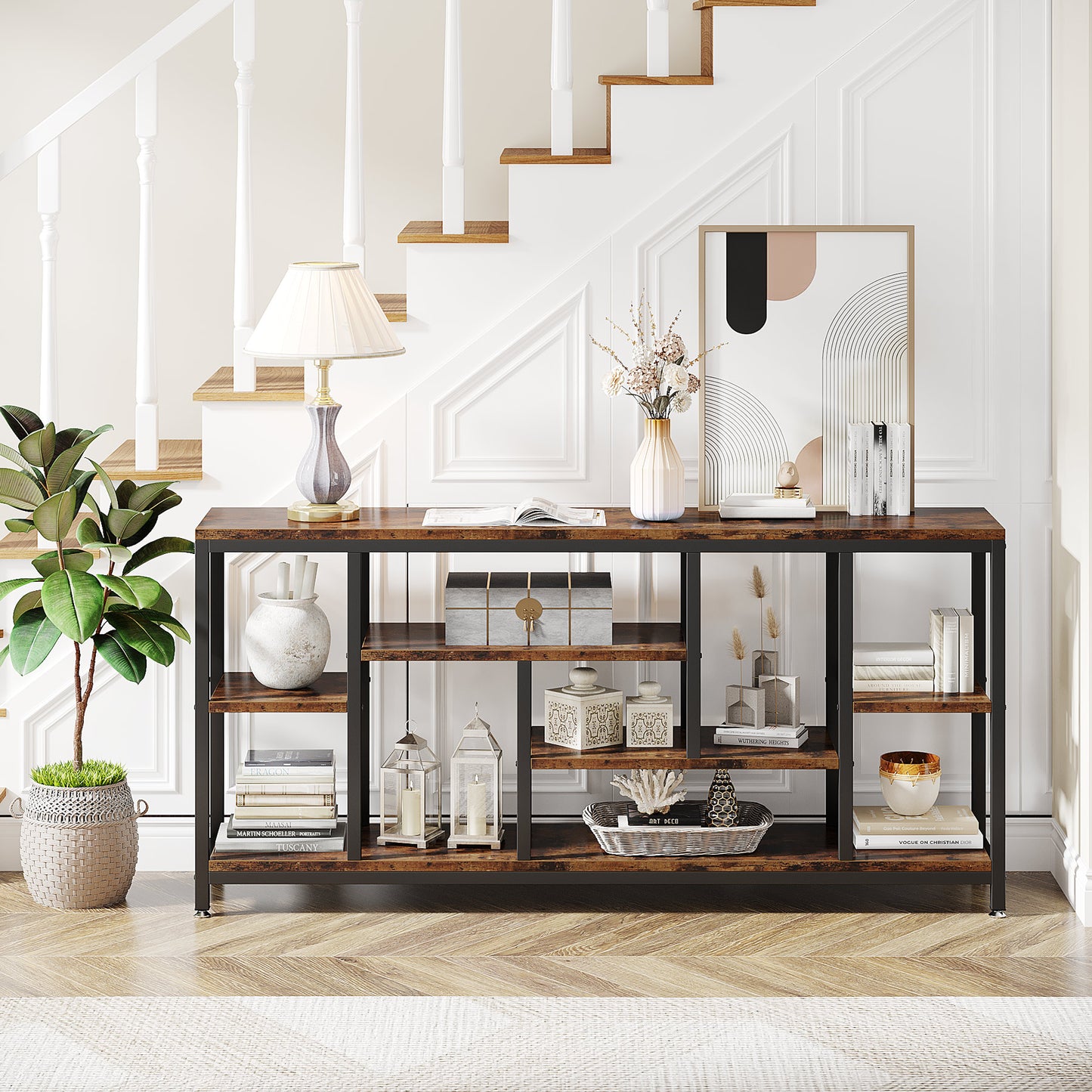 180 cm Console Table, Long Sofa Table with 3-Tier Storage Shelves