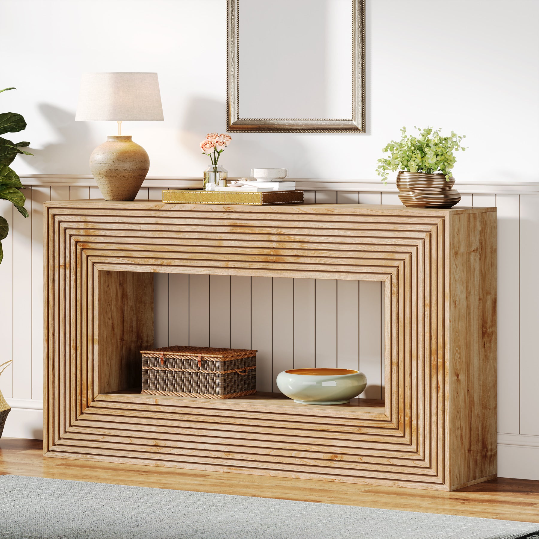 150cm Fluted Farmhouse Console Table with Storage Shelf, Rectangular Wood Sofa Table