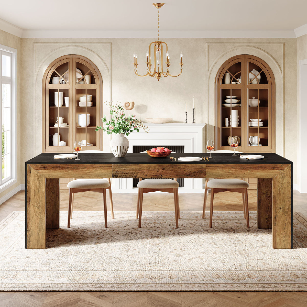 200 cm Dining Table, Rustic Brown and Black Rectangular Kitchen Table