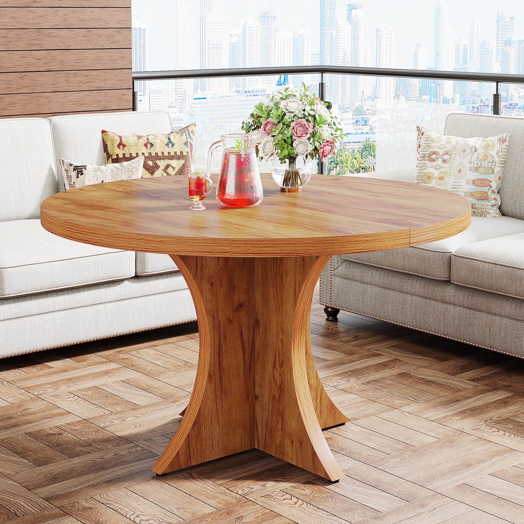 120cm Round Dining Table, Farmhouse Kitchen Table with Pedestal Base for 4-6