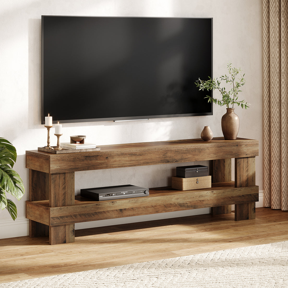150 cm TV Stand with Open Storage Shelf, Farmhouse Brown Entertainment Unit