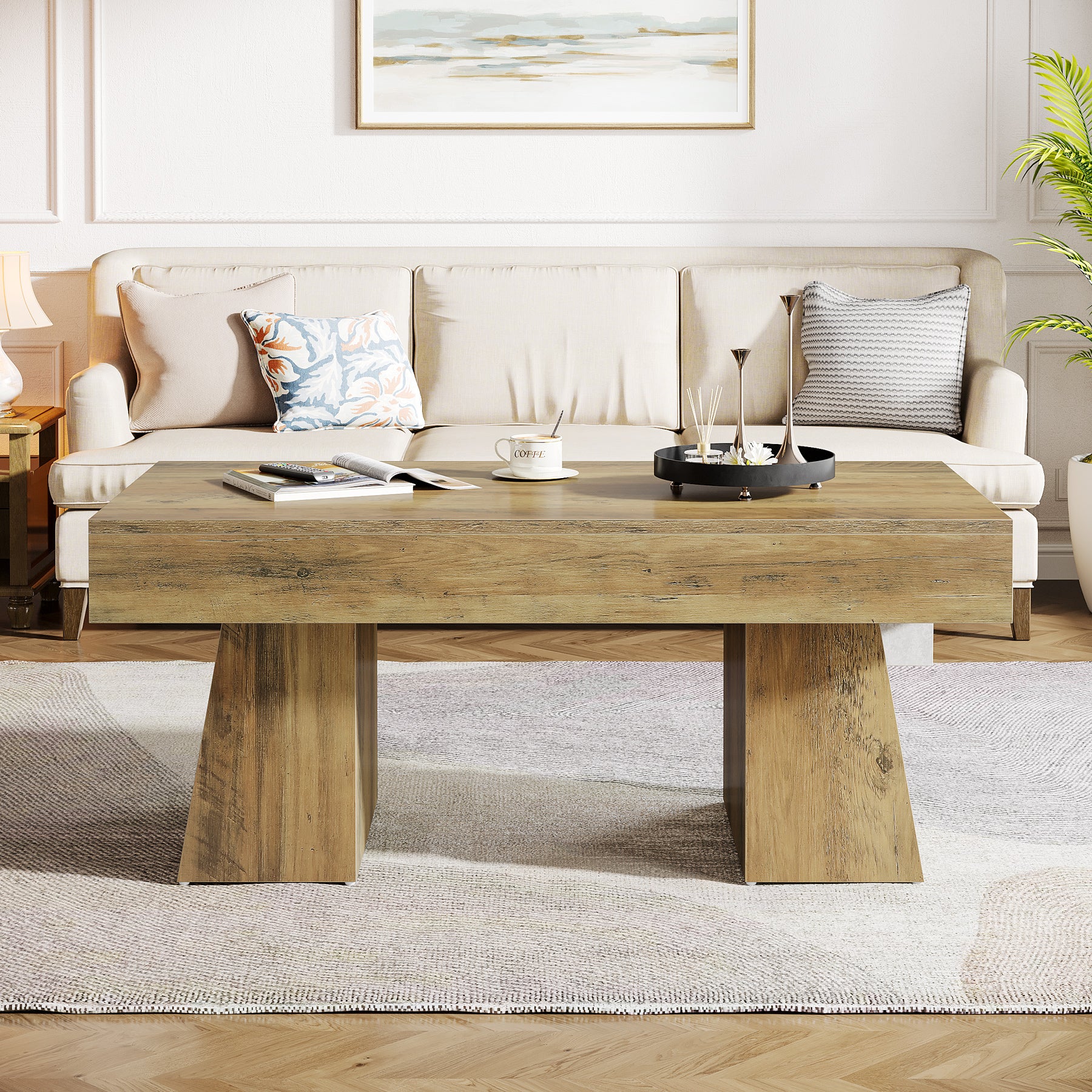120cm Farmhouse Coffee Table, Rectangular Wooden Centre Table for Living Room