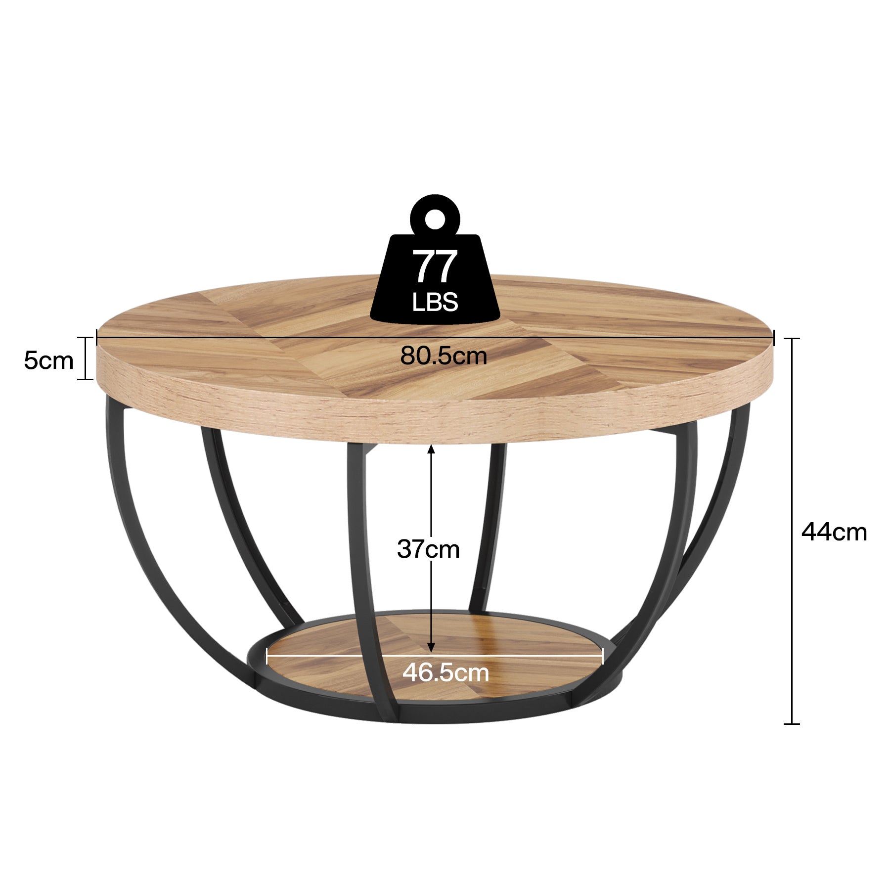 Round Wooden Coffee Table with 2-Tier Shelves