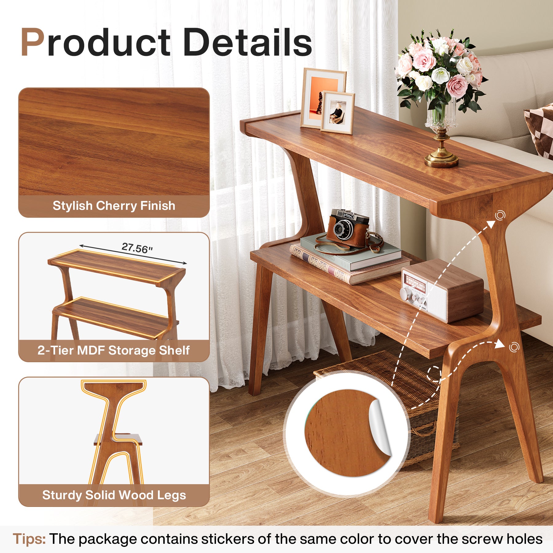 2-Tier Wood End Table, Farmhouse Couch Side Table with Storage Shelves
