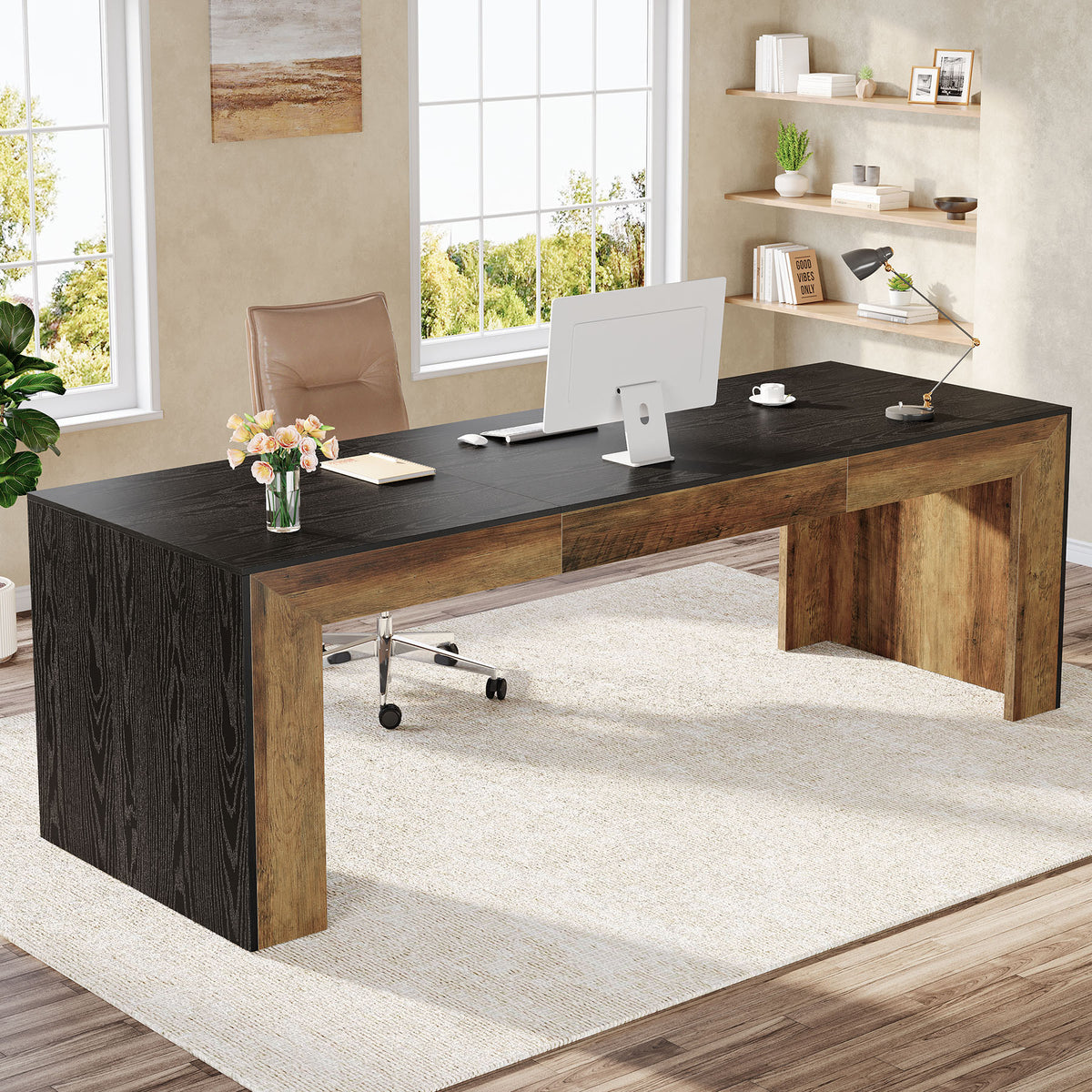 200 cm Office Desk, Rustic Brown and Black Computer Desk