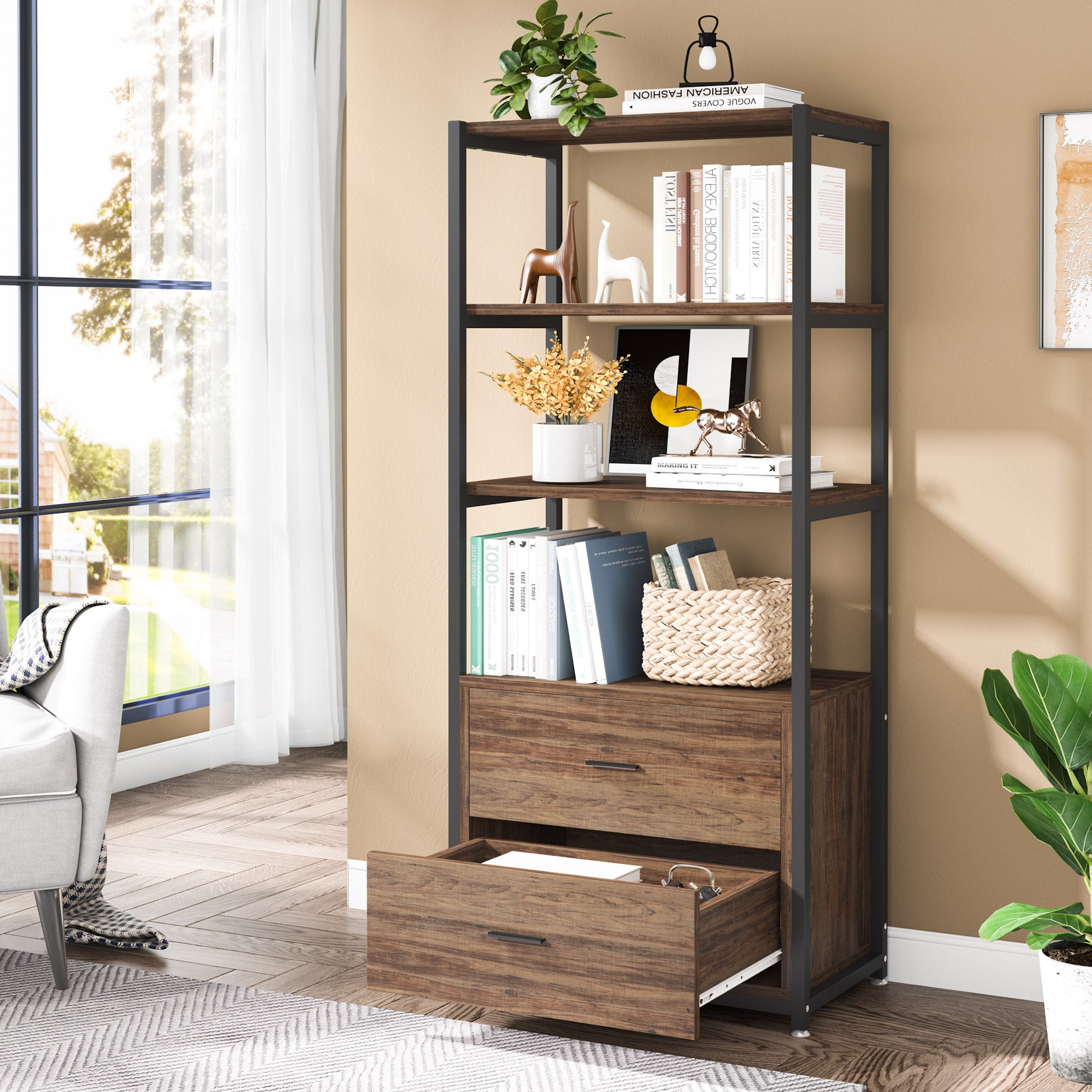 Rustic Etagere Bookshelf with Drawers, Industrial Display Bookcase for Home Office