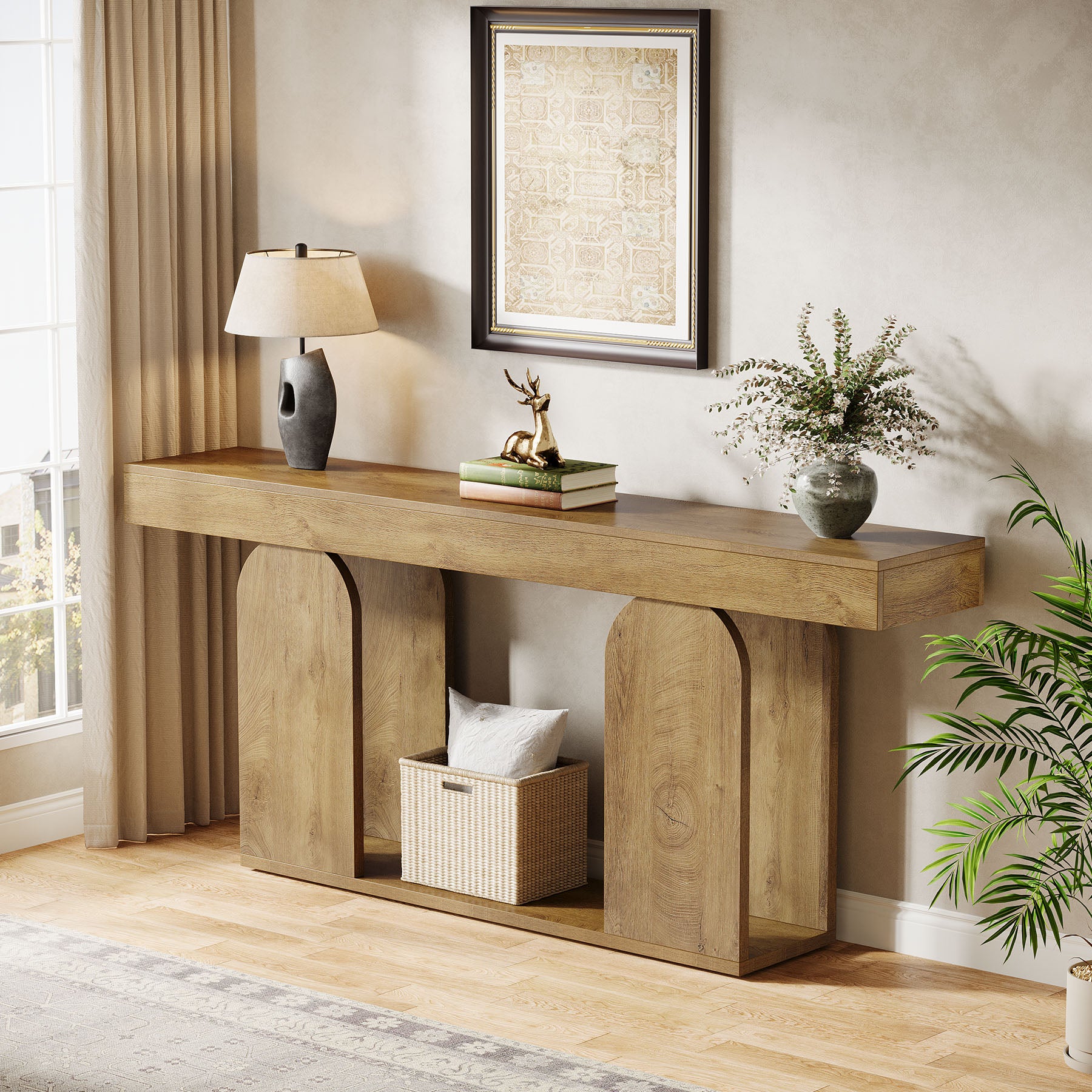 180cm Extra Long Farmhouse Console Table with 2-Tier Storage Shelf, Wooden Entryway & Sofa Table