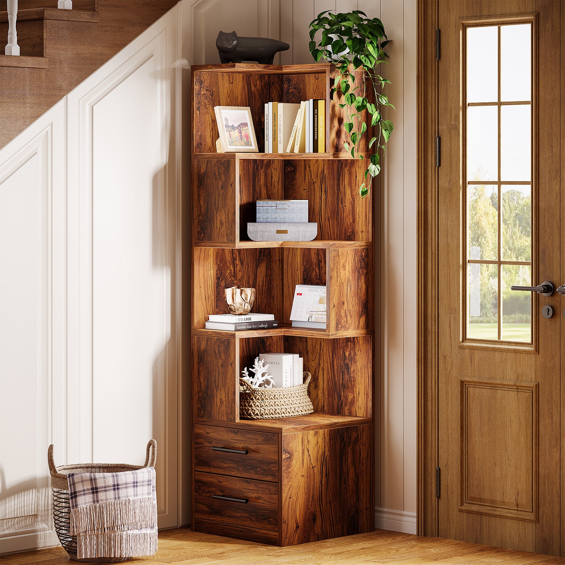 170cm L-Shaped Bookshelf, Corner Bookcase with 5-Tier Shelf & 2 Drawers