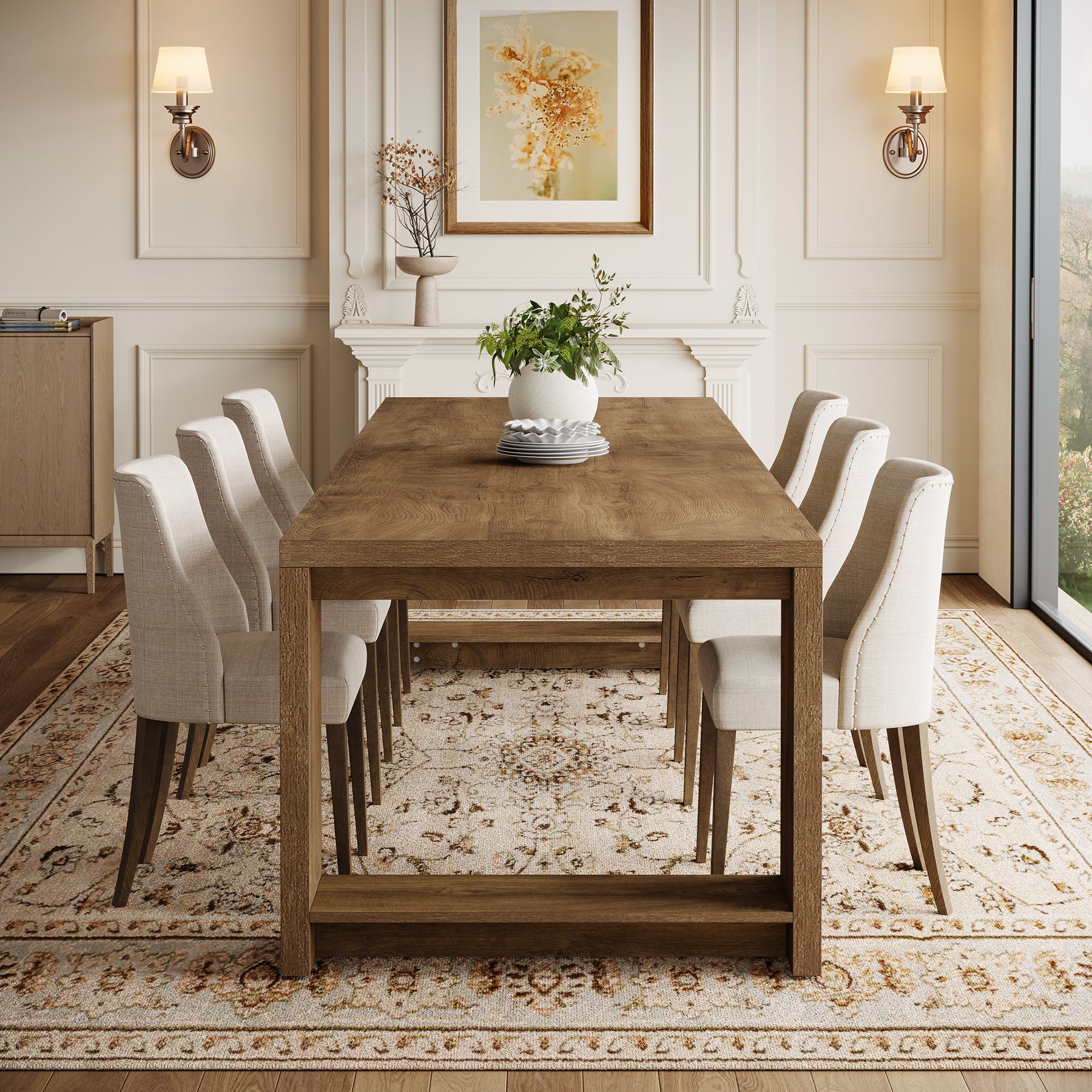 220cm Farmhouse Dining Table for 6–8 People, Rectangular Kitchen Table with Solid Wood Pedestal Base