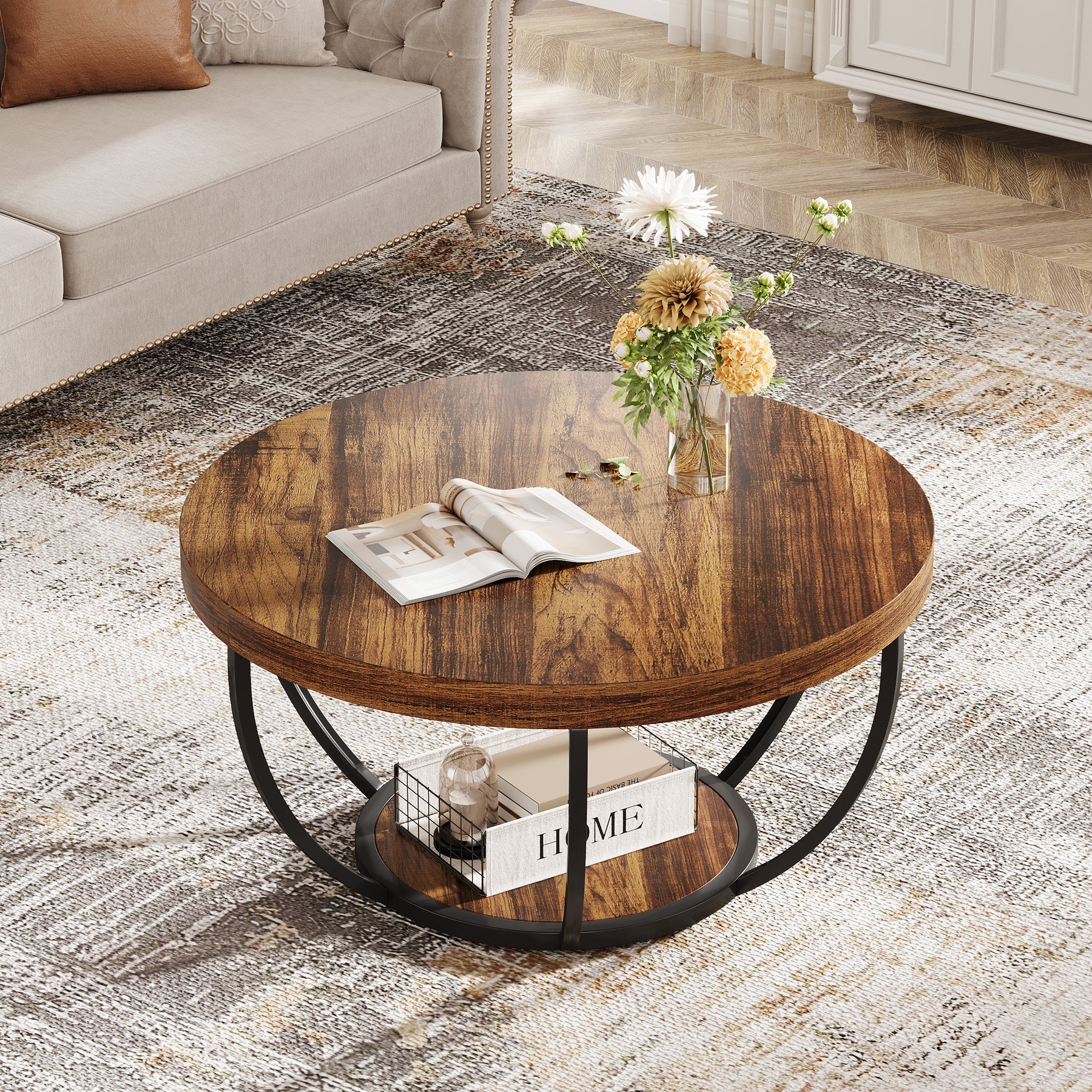 Round Wooden Coffee Table with 2-Tier Shelves