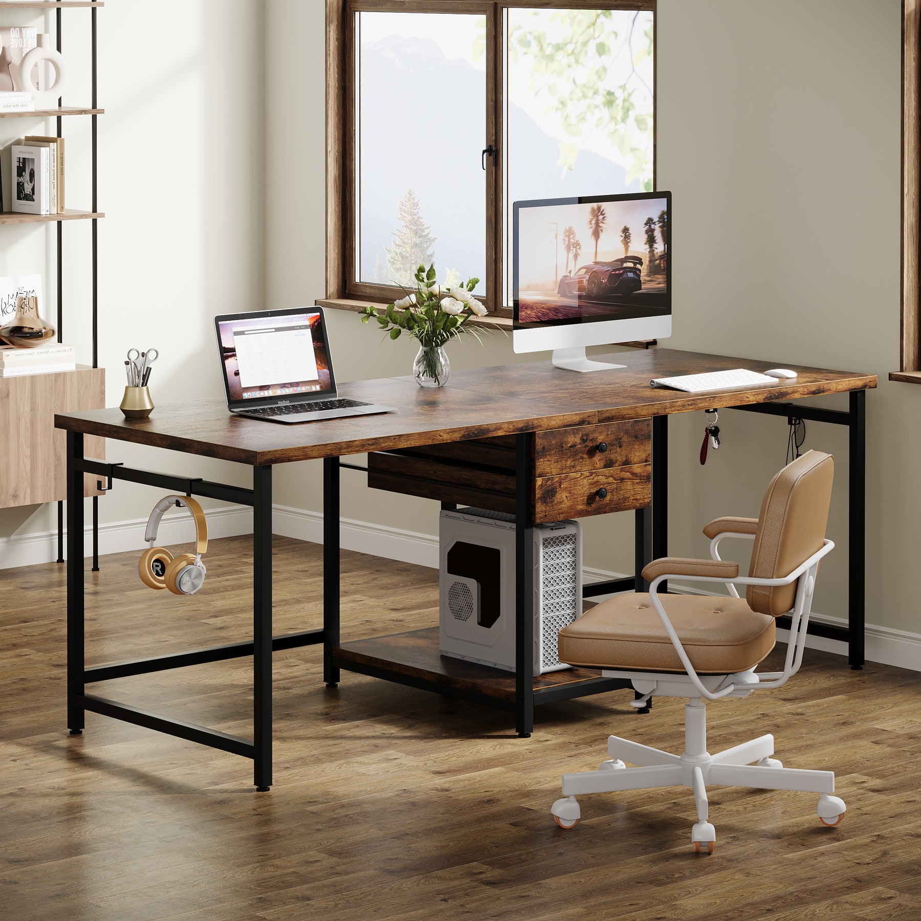 200cm Industrial Two Person Desk with Drawers & Storage Shelf, Double Computer Desk for Home Office