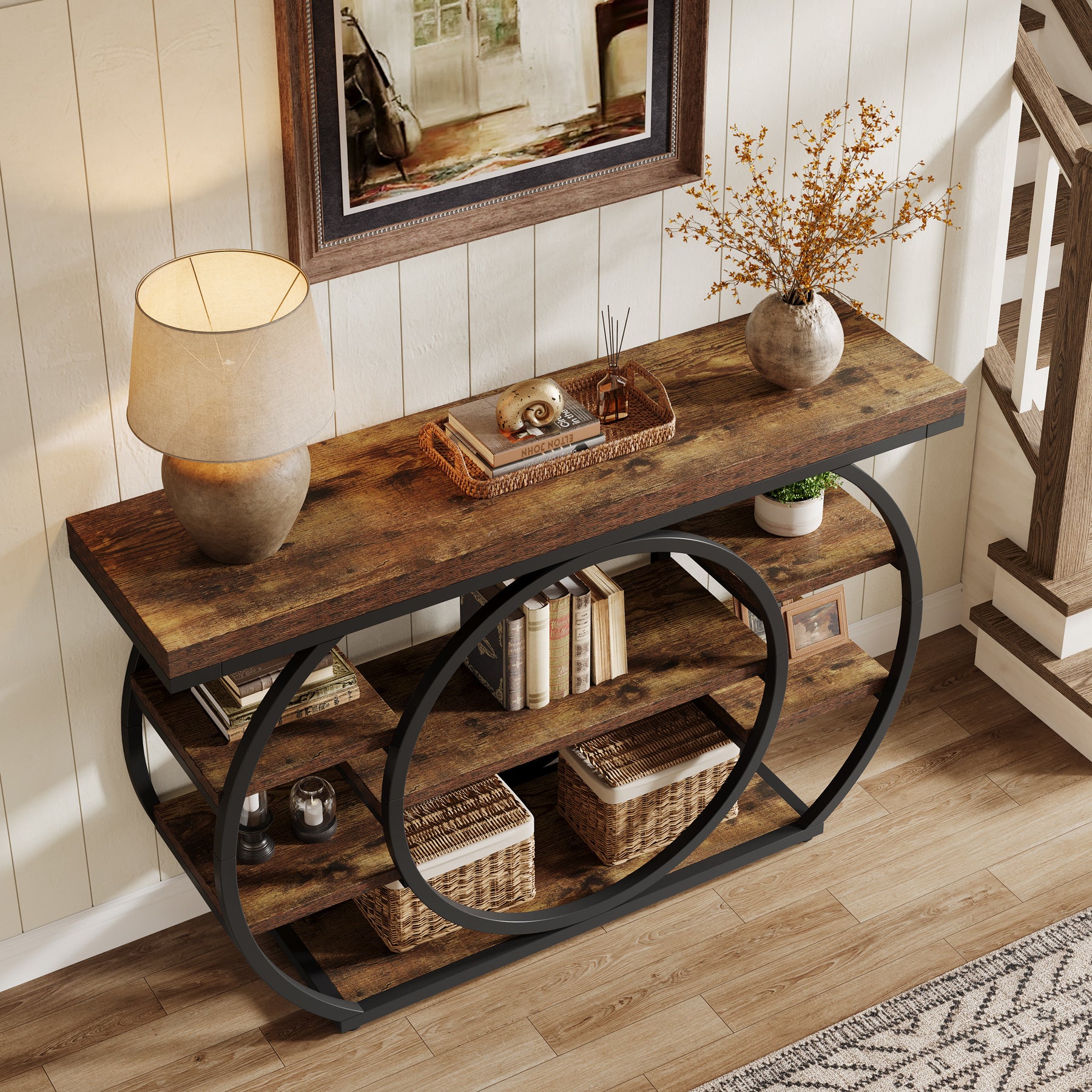 120cm Console Table, 5-Tier Industrial Entryway Table with Metal Frame, Narrow Sofa Table Behind Couch